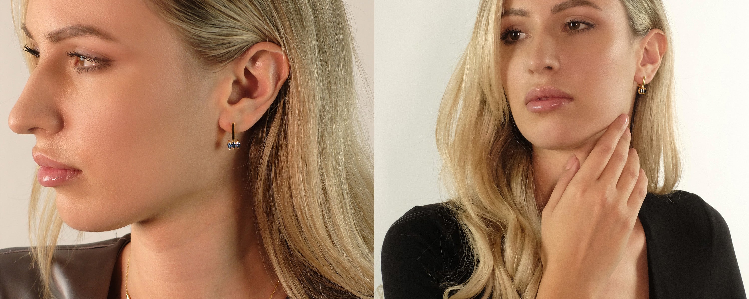 2er Bild Close-Up eines Model mit Moira Blue und Black Ohrringe