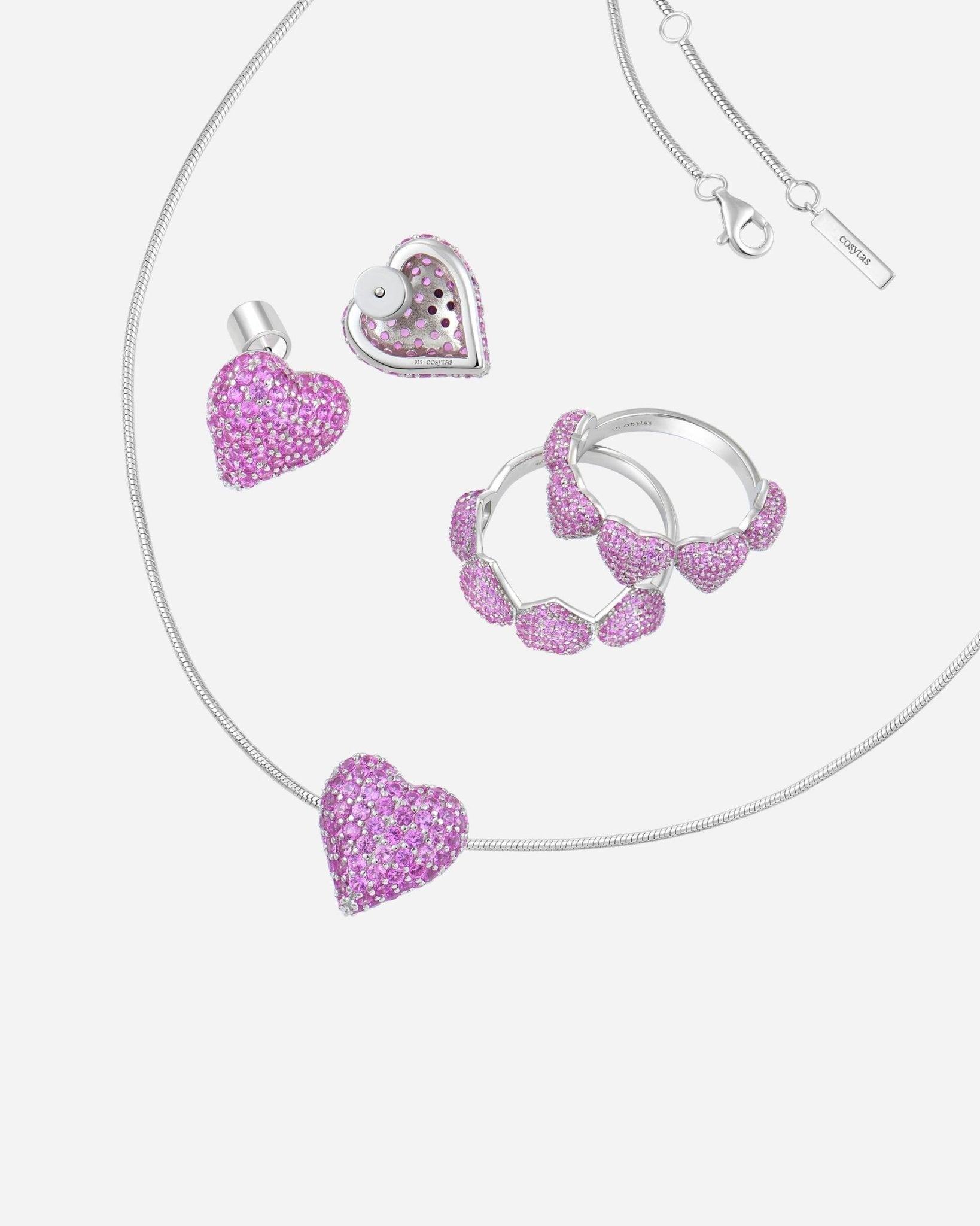 Cupida Pink Set aus 925 Sterling Silber mit rosa Zirkonia, Ring, Halskette und Ohrringe im Herzdesign