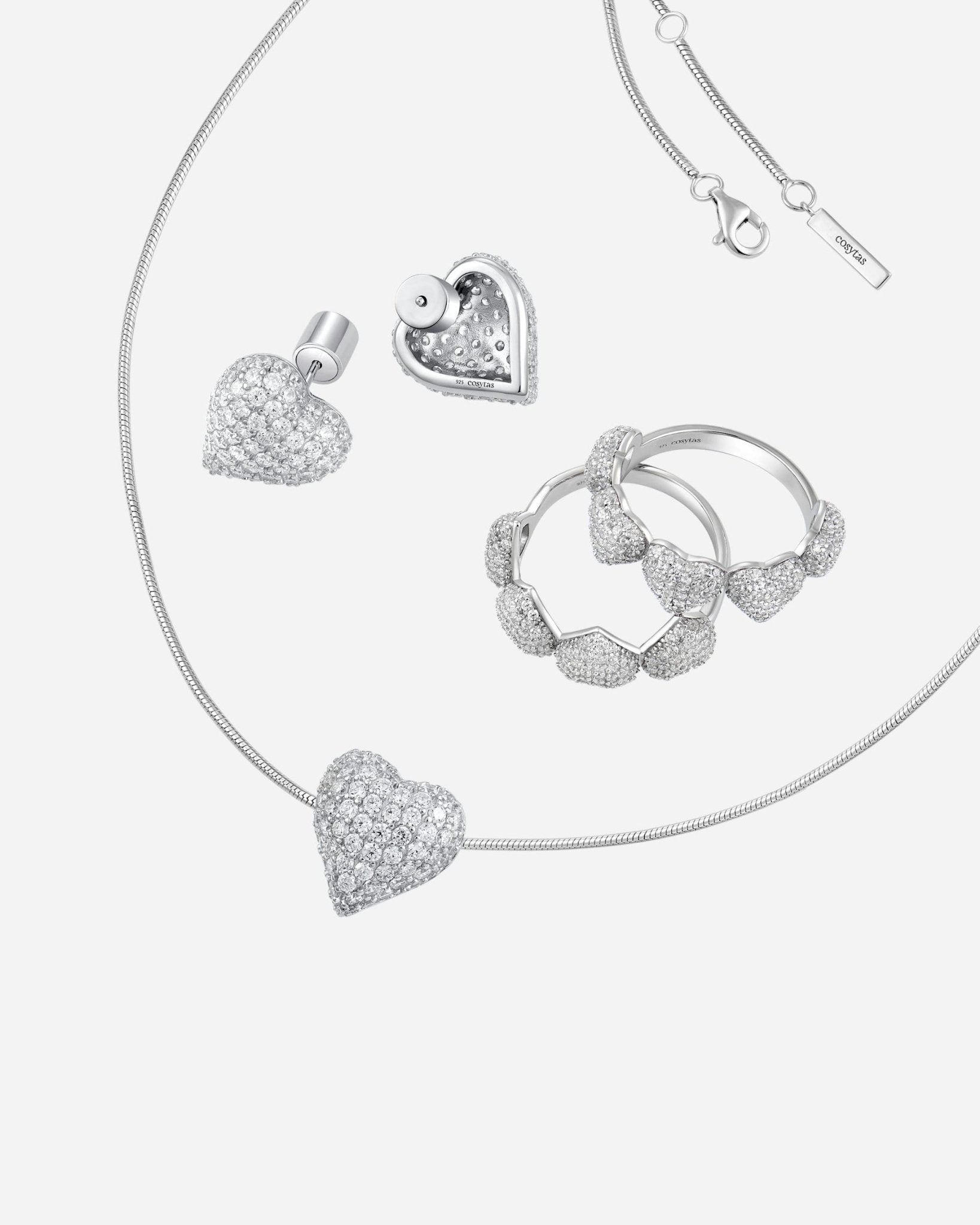 Cupida White Set aus 925 Sterling Silber, Ring, Halskette und Ohrringe mit weissen Zirkonia im Herzdesign