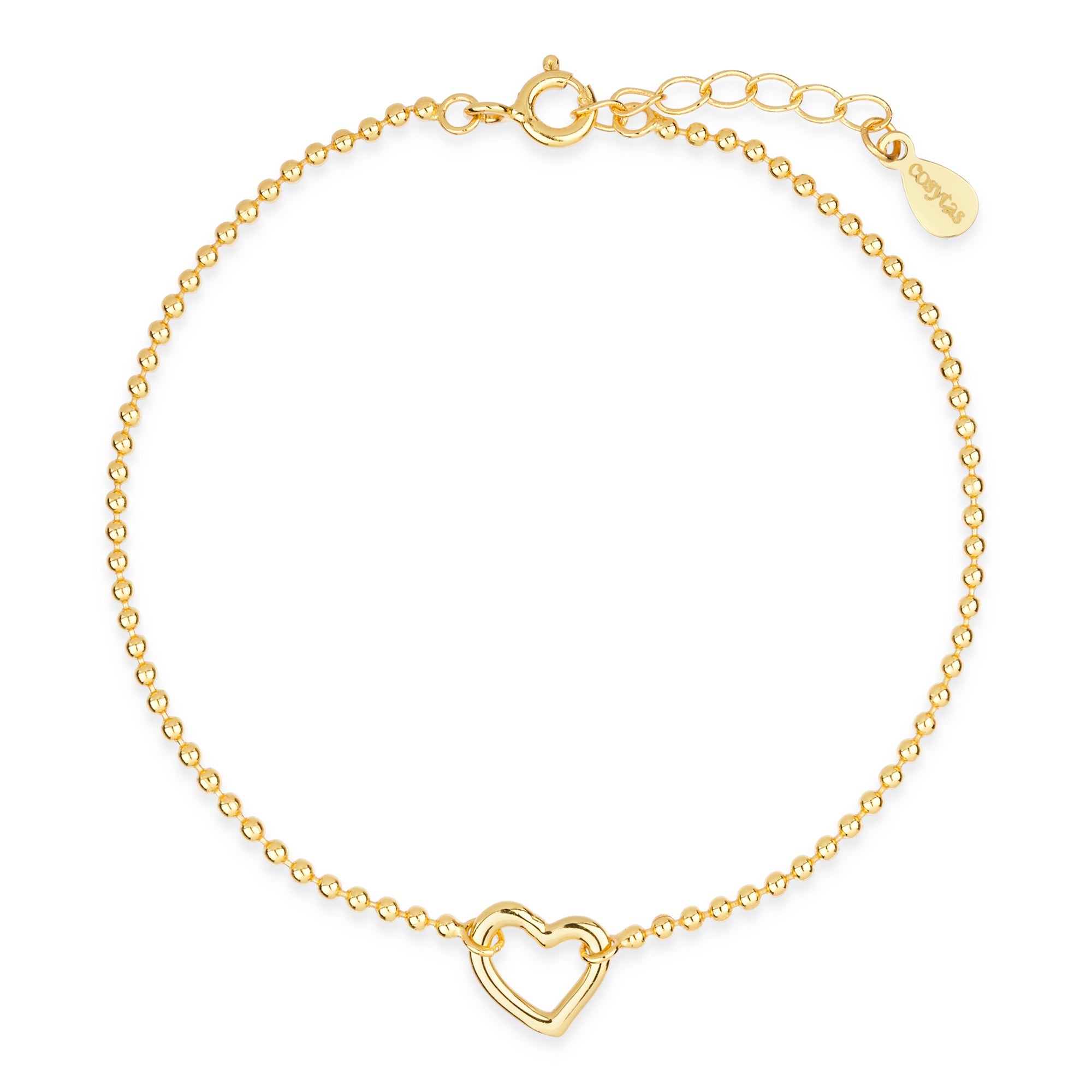 Frontansicht des Cosytas Golden Heartline Armbands mit einem herzförmigen Anhänger und vergoldeter Kugelkette