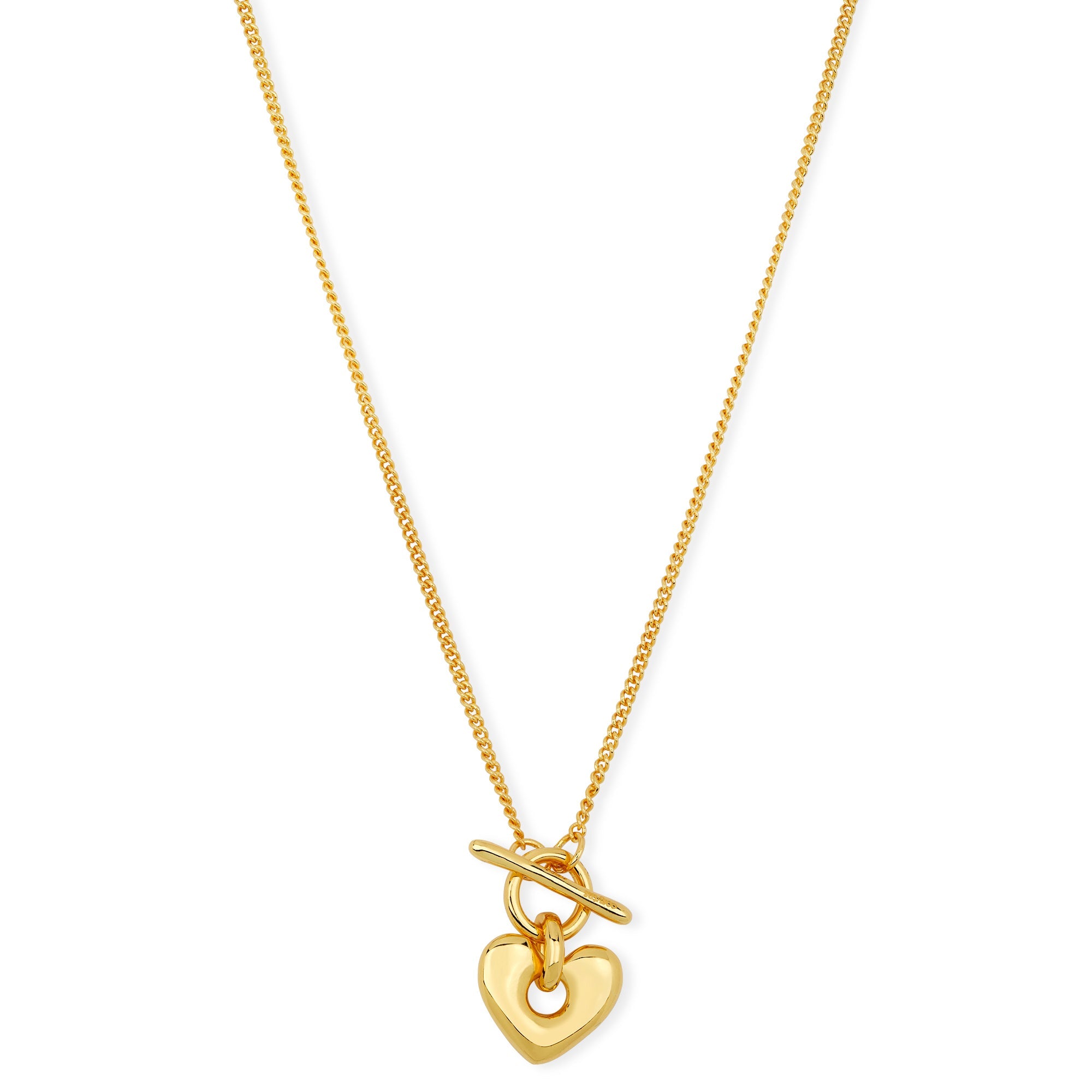 Frontale Ansicht der Cosytas Heartbeat Goldkette mit herzförmigem Anhänger