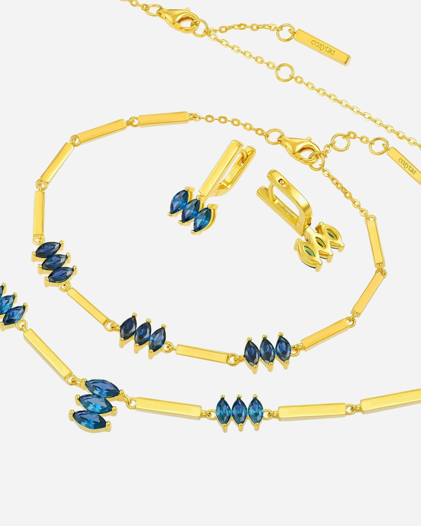 Moira Blue Set aus 925 Sterling Silber mit 18k Gold Vermeil, blaue Zirkonia, harmonisches Ensemble