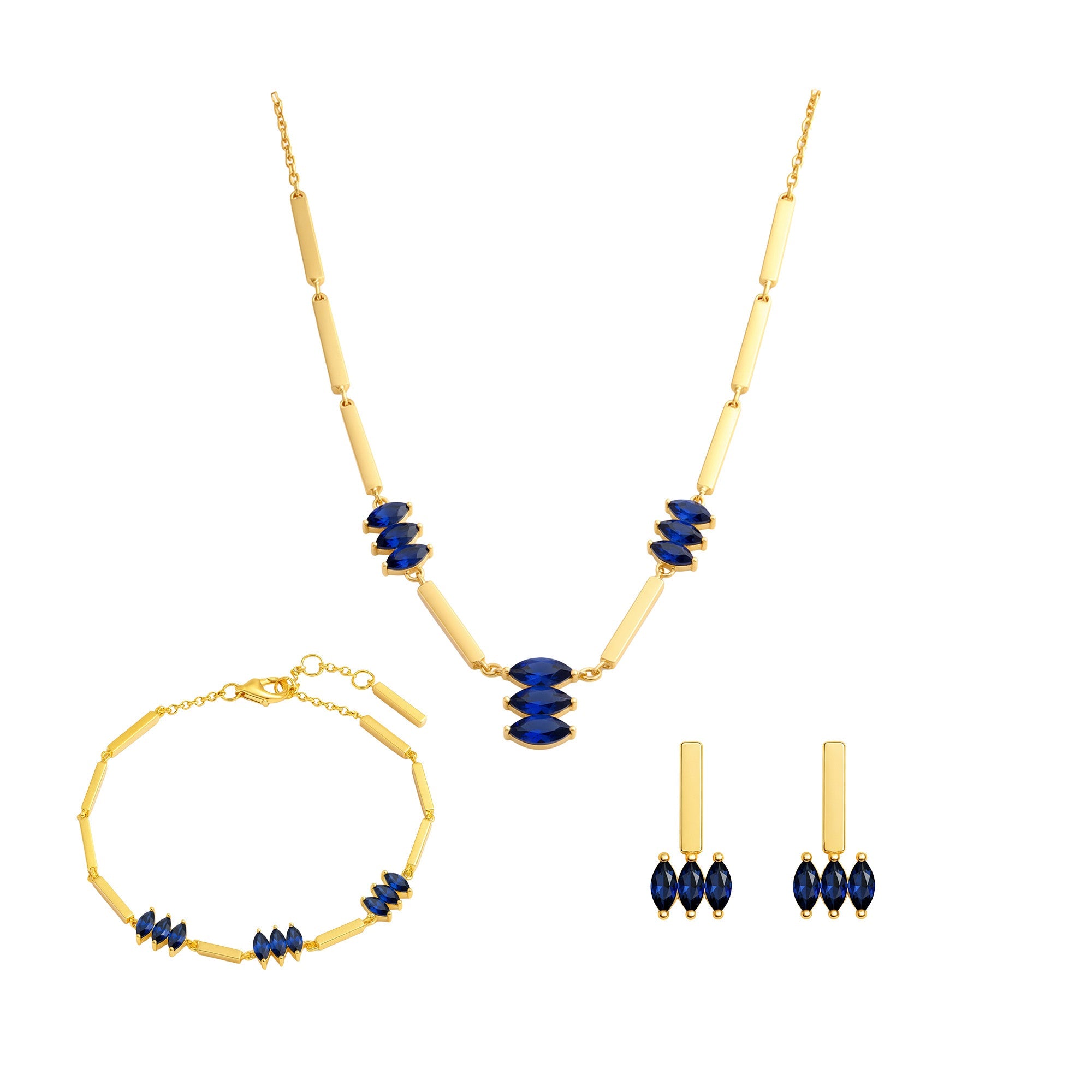 Das Moira Blue Set von Cosytas aus 18k Gold Vermeil auf 925 Silber mit eleganten blauen Akzenten.