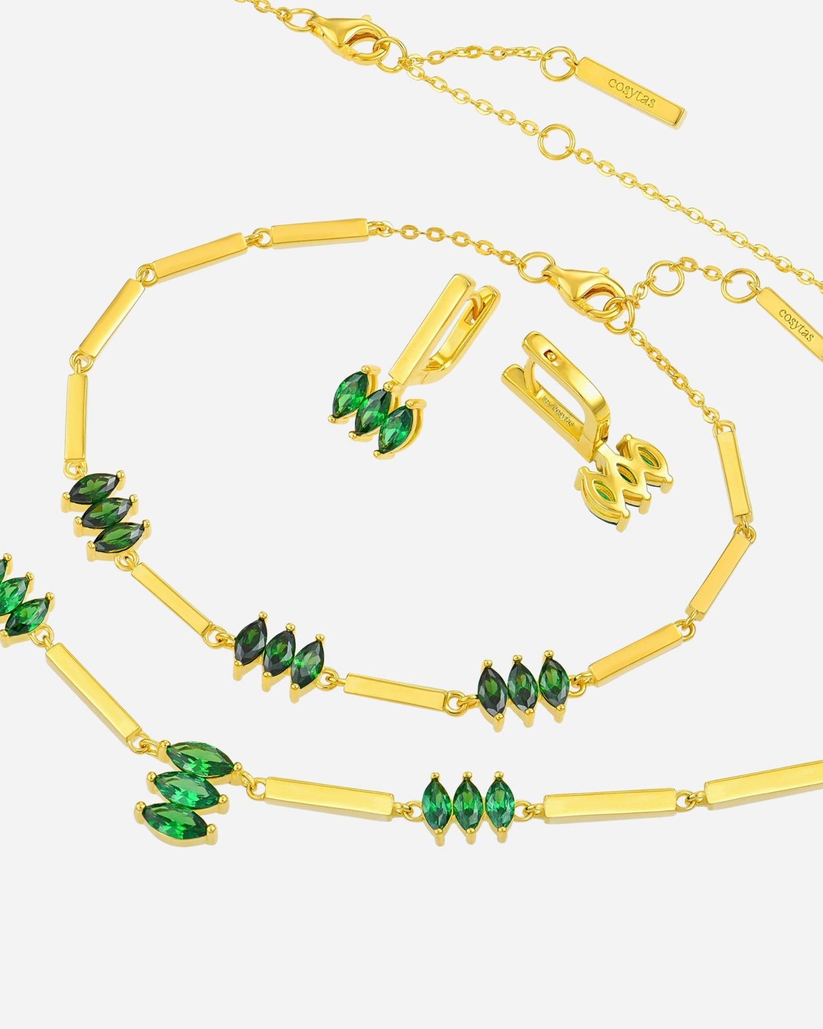 Moira Green Set aus 925 Sterling Silber mit 18k Gold Vermeil, Halskette, Armband und Ohrringe mit grünen Zirkonia