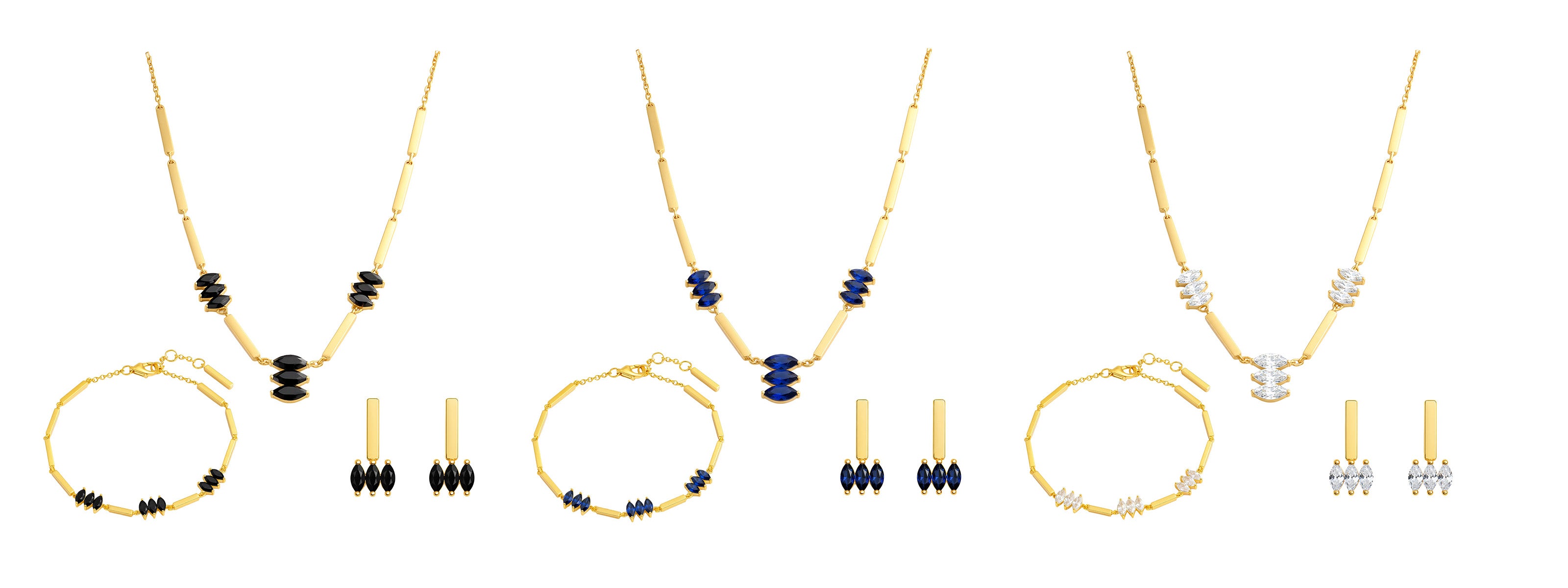 Cosytas Produktfot der Moira Sets in schwarz, weiss und blau besthend aus Ohrringe, Halskette und Armband.