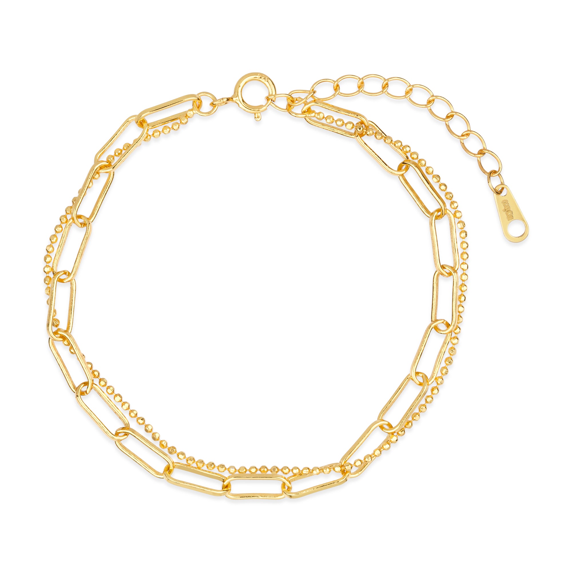 Vorderansicht des Cosytas Gold Duo Armbands mit einer feinen Kombination aus einer zarten Kette und einem markanten Gliederdesign, gefertigt aus vergoldetem 925er Silber, das moderne Eleganz ausstrahlt.