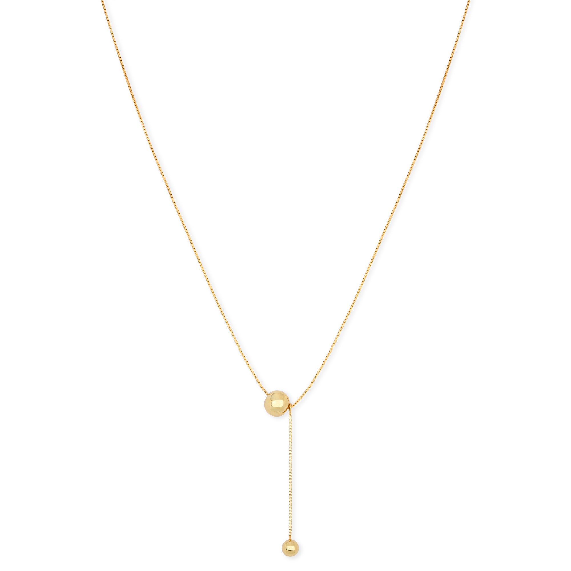 Vorderansicht der Golden Elegance Halskette von Cosytas mit zwei polierten, 18k vergoldeten Kugeln in modernem, minimalistischem Design vor weißem Hintergrund.