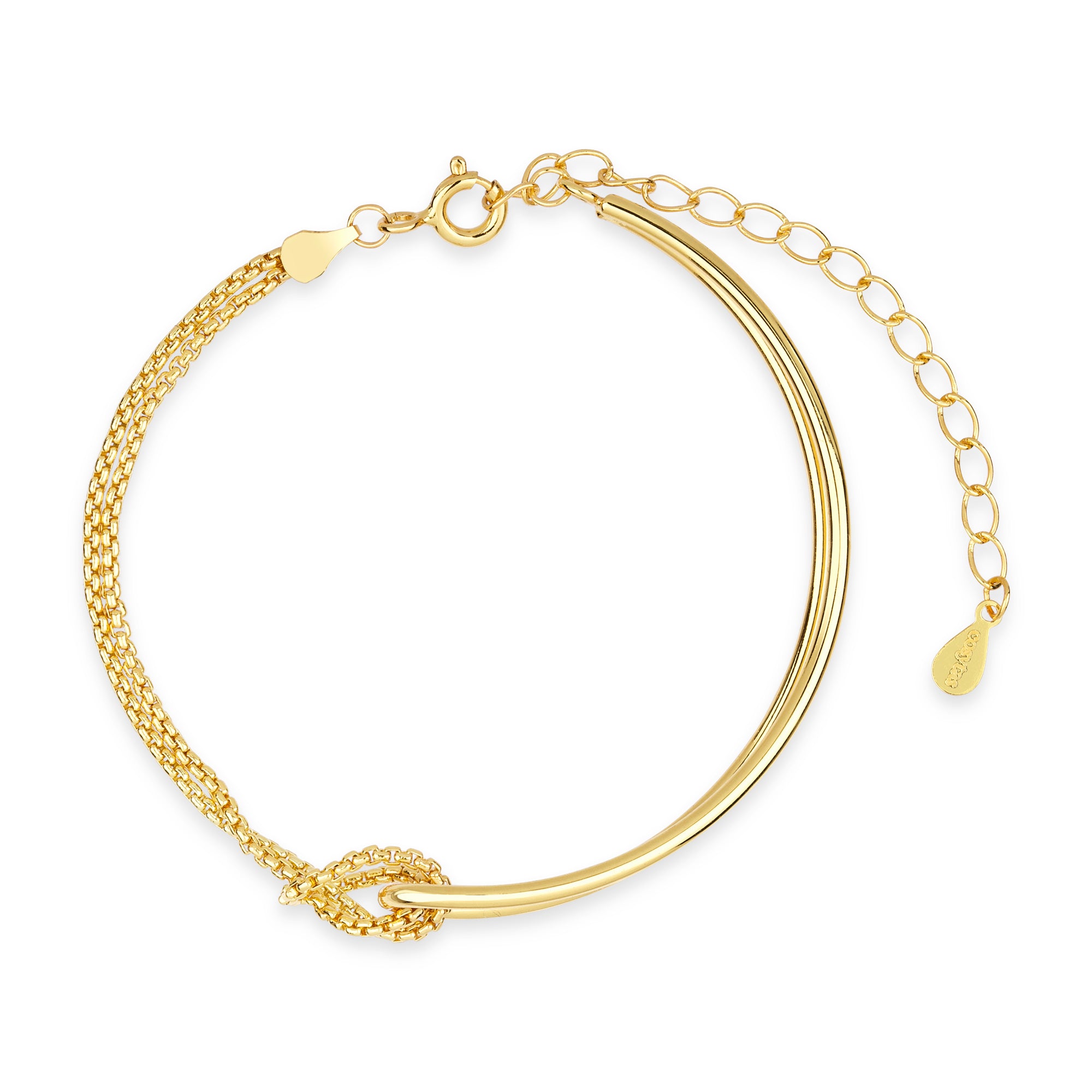 Vorderansicht des Cosytas Gold Harmony Armbands mit elegantem Design aus zwei Bändern und einem filigranen geknoteten Kettendetail, das Einheit und Raffinesse symbolisiert.