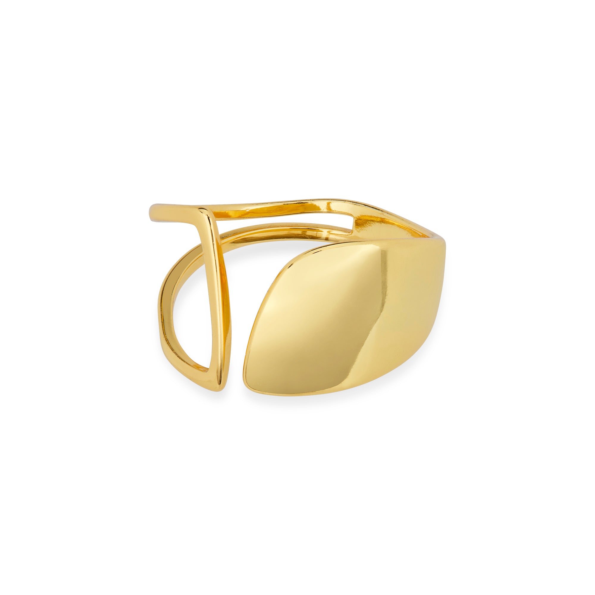 Seitenansicht des Cosytas Golden Arc Rings aus 925er Sterling-Silber, 18k-gold-vergoldet, mit einzigartigem, skulpturalem Design und polierter Oberflaeche.