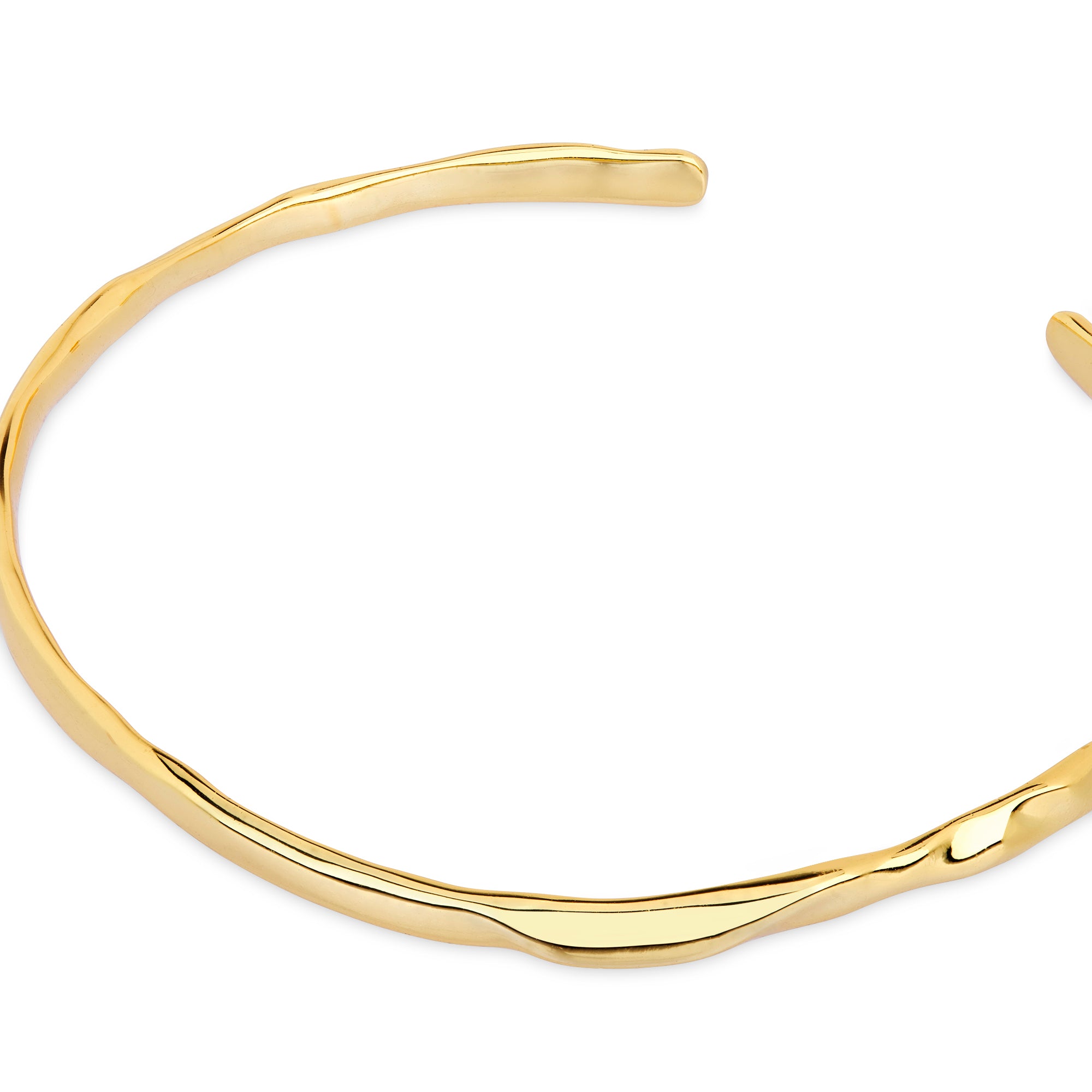Seitenansicht des Cosytas Golden Flow Armbands mit geschwungenen Linien und hochglänzendem Finish, das die fließende Form und Eleganz des Designs hervorhebt.