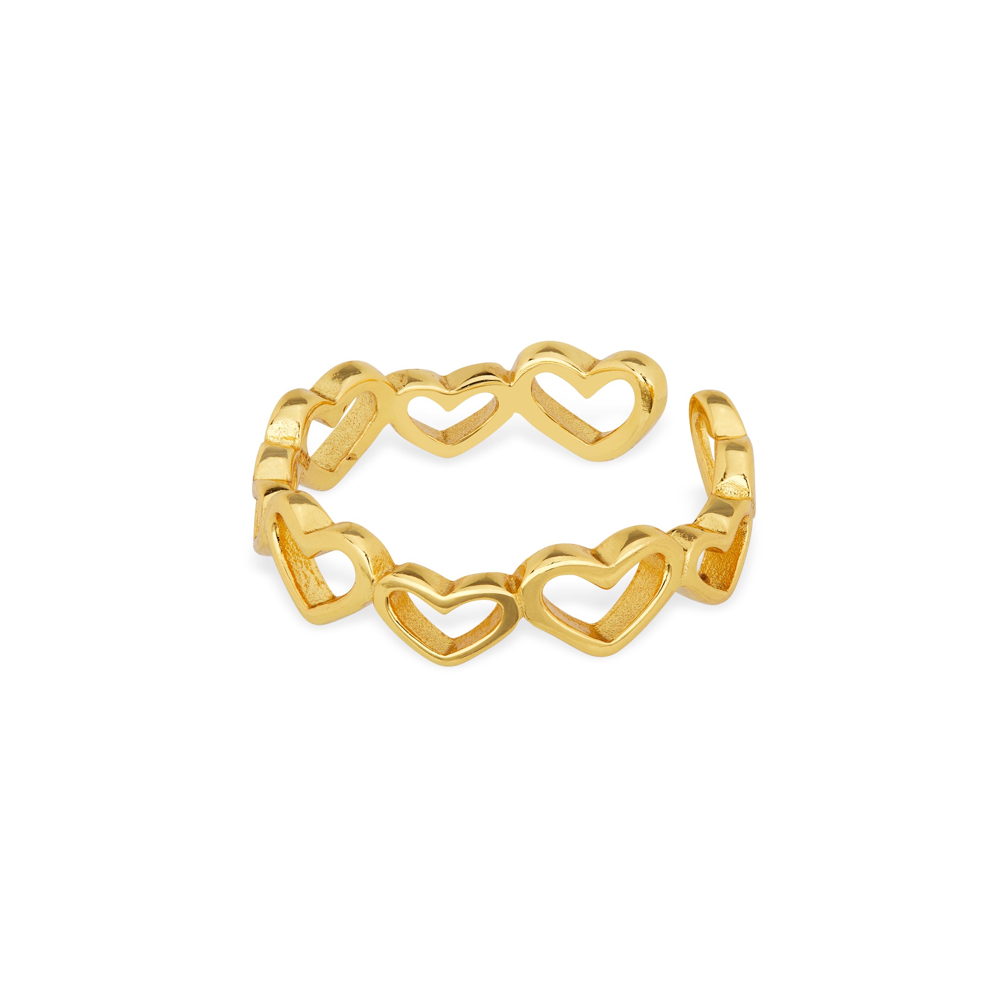 Seitenansicht des Golden Heartbeat Rings von Cosytas. Der Ring besteht aus 925er Sterling Silber, plattiert mit 18k Gold, und zeigt ein filigranes Design aus offenen Herzen. Perfekt, um Ihrer Schmuckkollektion eine romantische Note zu verleihen.