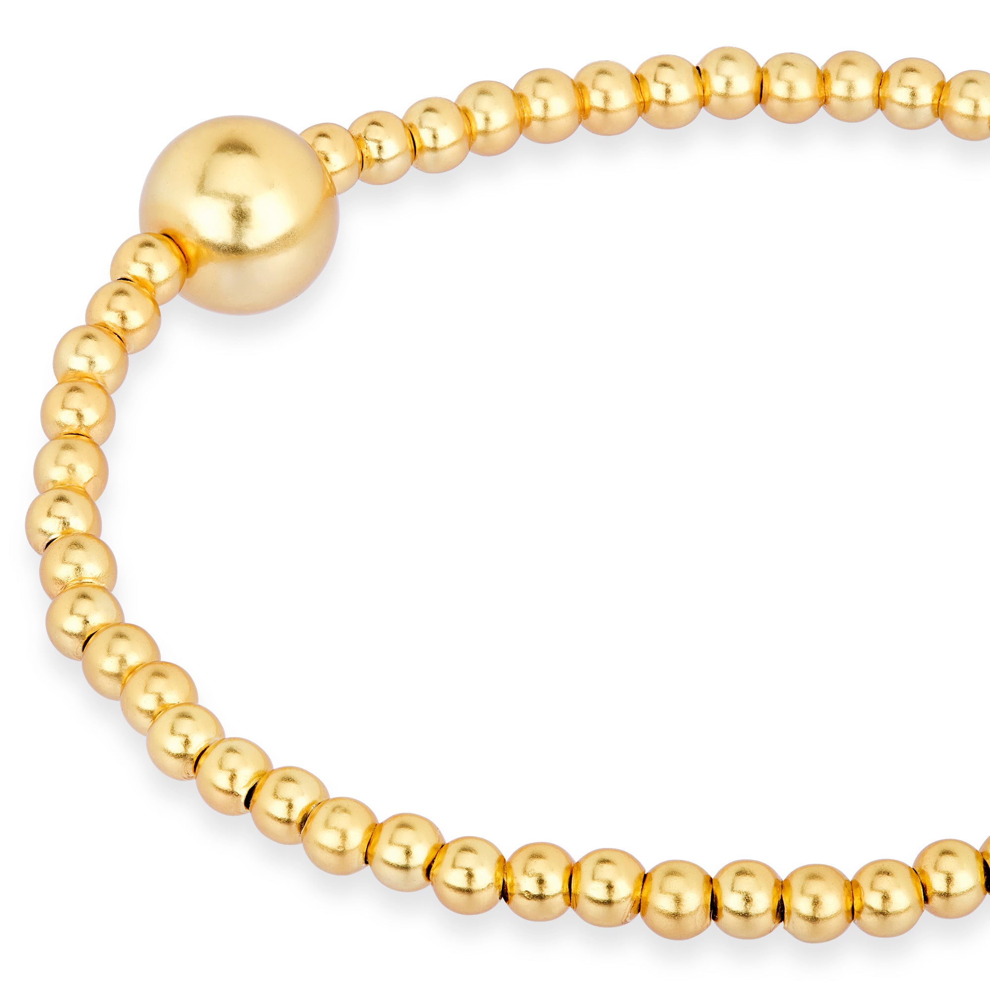 Nahaufnahme des Golden Orbit Armbands von Cosytas mit polierten, 18k vergoldeten Perlen und einem kunstvollen Design, das Stil und Eleganz vereint, vor weißem Hintergrund.