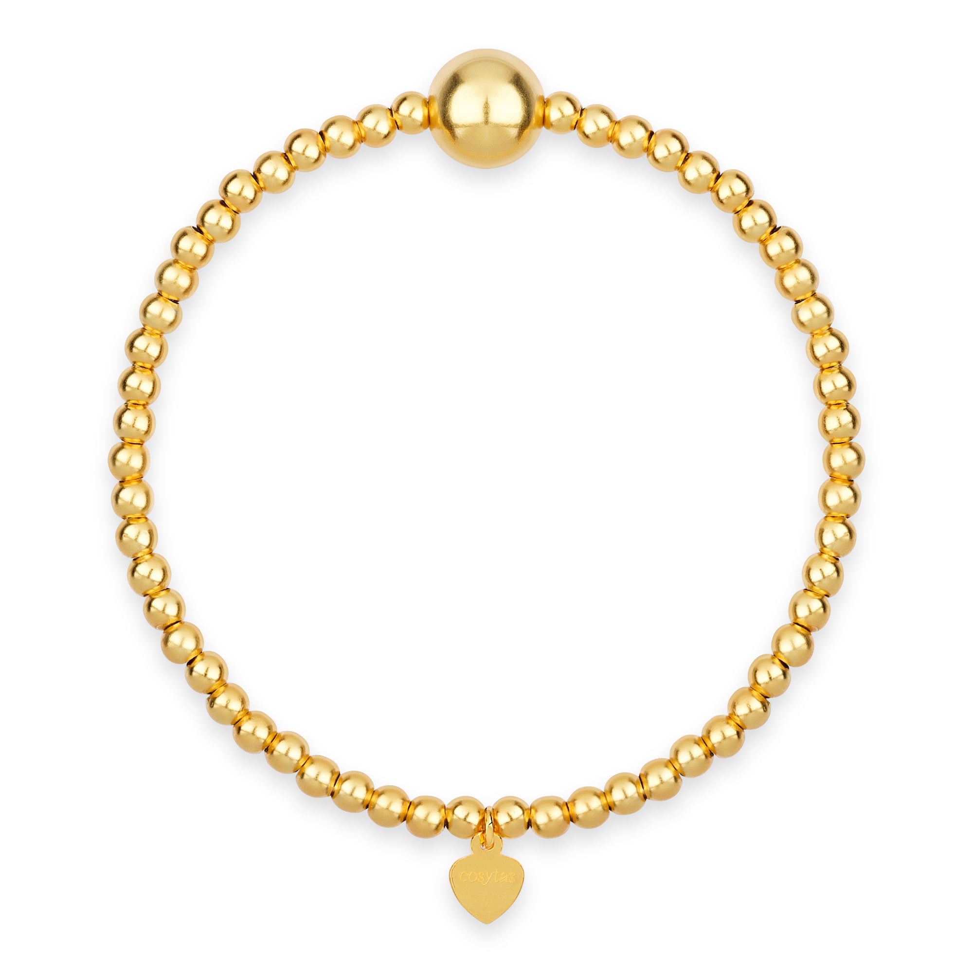 Das Golden Orbit Armband von Cosytas mit glänzenden, 18k vergoldeten Perlen und einem eleganten Herzanhänger, präsentiert vor weißem Hintergrund.