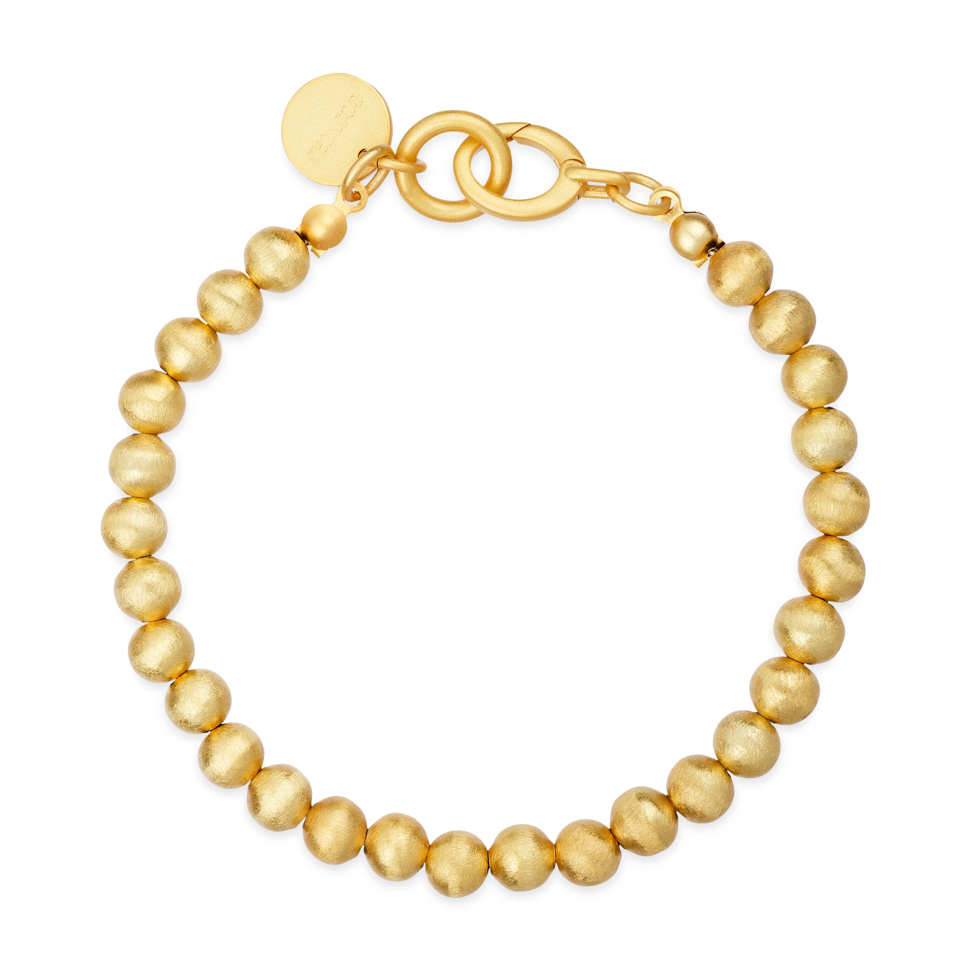 Vorderansicht des Cosytas Lumina Slim Gold Sphere Armbands mit satinierten, vergoldeten Kugeln und einem eleganten Verschluss, der zeitlose Handwerkskunst und schlichte Eleganz verkörpert.