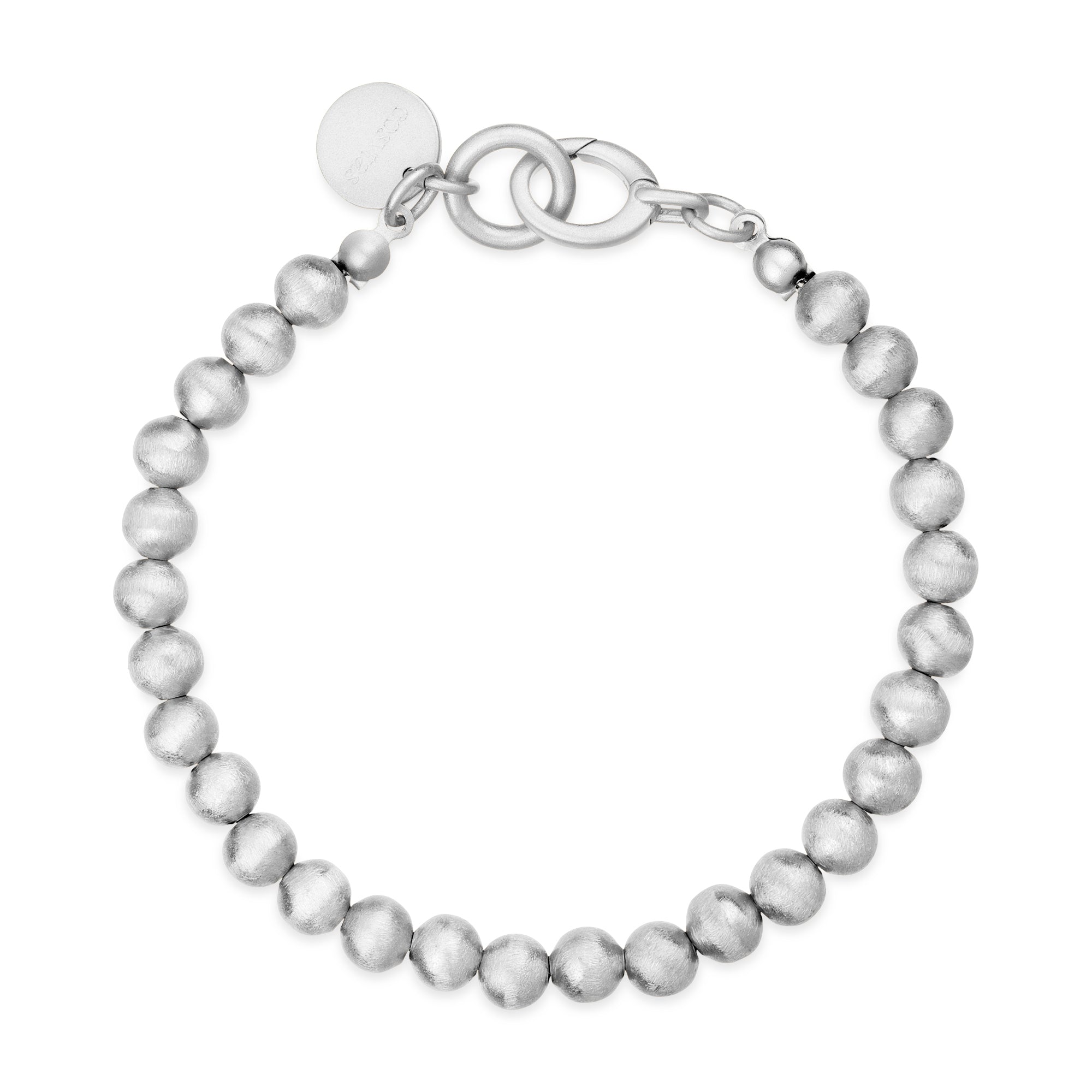 Vorderansicht des Cosytas Lumina Slim Silber Sphere Armbands mit satinierten Silberkugeln und einem eleganten Verschluss, der zeitlose Handwerkskunst und schlichte Eleganz verkörpert.