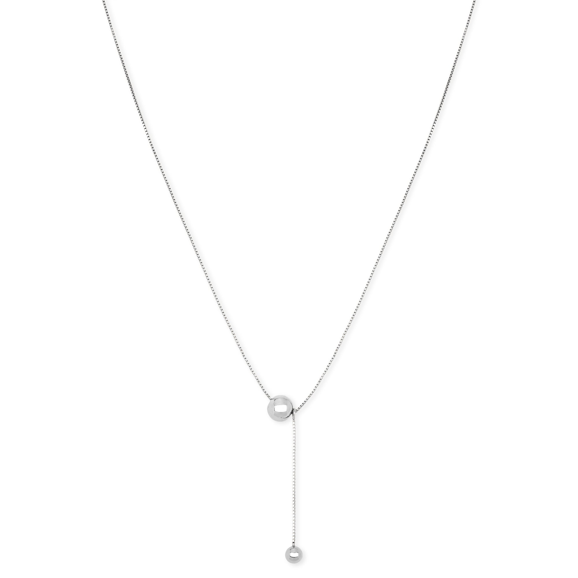 Vorderansicht der Silver Balance Halskette von Cosytas mit zwei polierten Silberkugeln in elegantem, minimalistischem Design vor weißem Hintergrund.