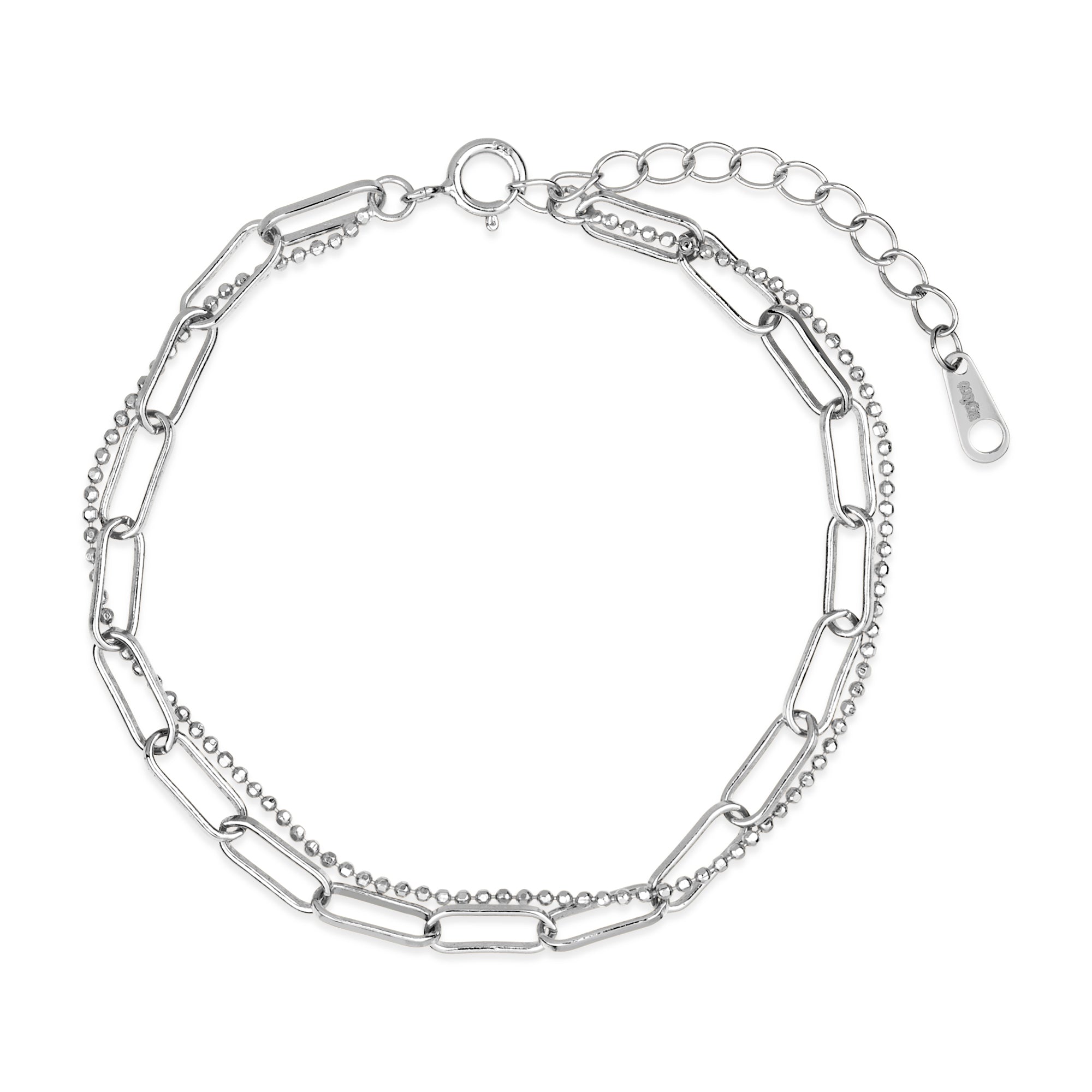 Vorderansicht des Cosytas Silber Duo Armbands mit einer feinen Kombination aus einer zarten Kette und einem markanten Gliederdesign, gefertigt aus hochwertigem 925er Silber, das moderne Eleganz ausstrahlt.