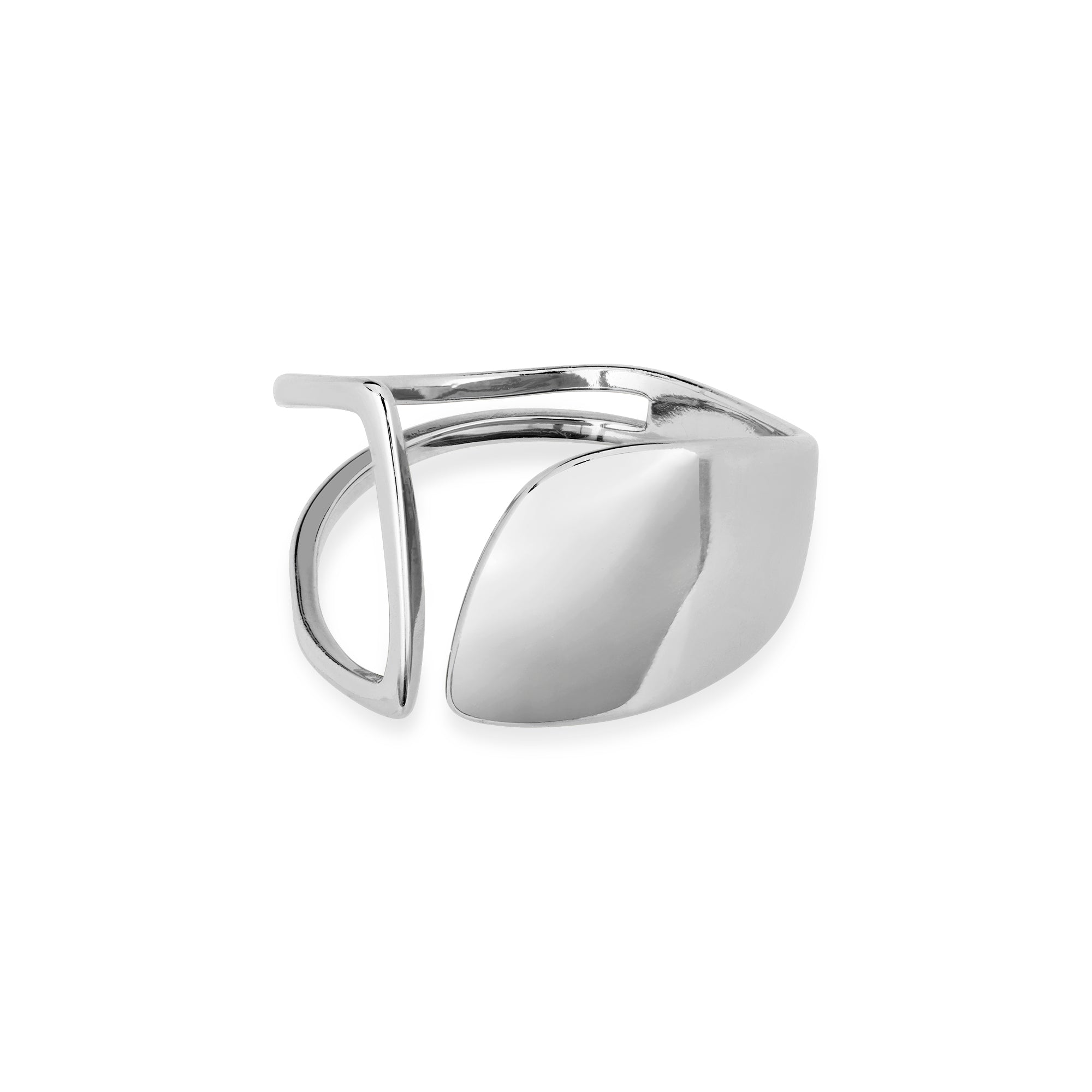 Seitenansicht des Cosytas Silver Arc Rings aus 925er Sterling-Silber mit skulpturalem, offenem Design und polierter Oberflaeche