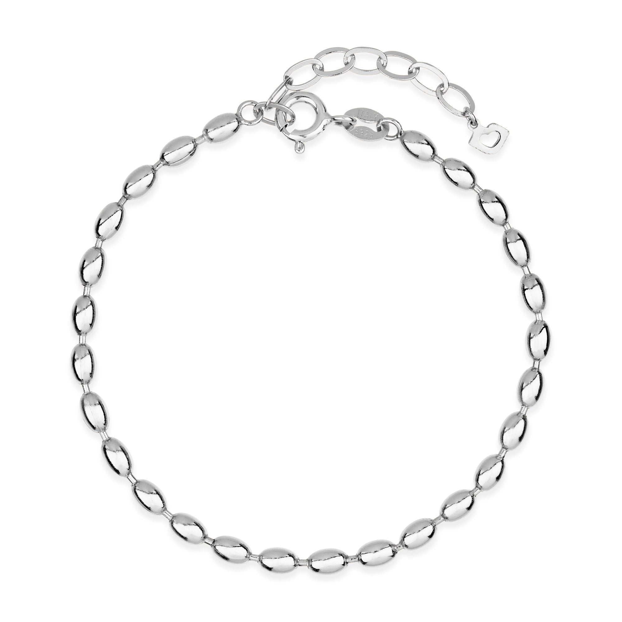 Vollansicht des Silver Drop Armbands von Cosytas, mit einem eleganten Design aus polierten ovalen Gliedern, die nahtlos in eine filigrane Kette übergehen.