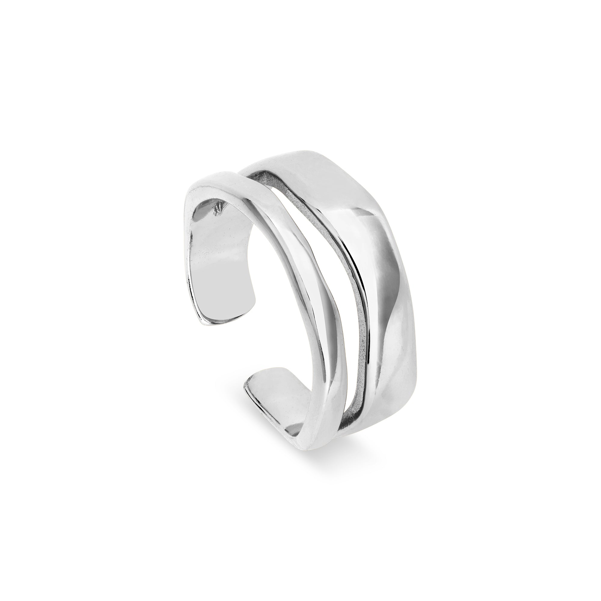 Frontansicht des Cosytas Silver Flowline Rings aus 925er Sterling-Silber mit schlankem Doppelband-Design und fliessenden Linien