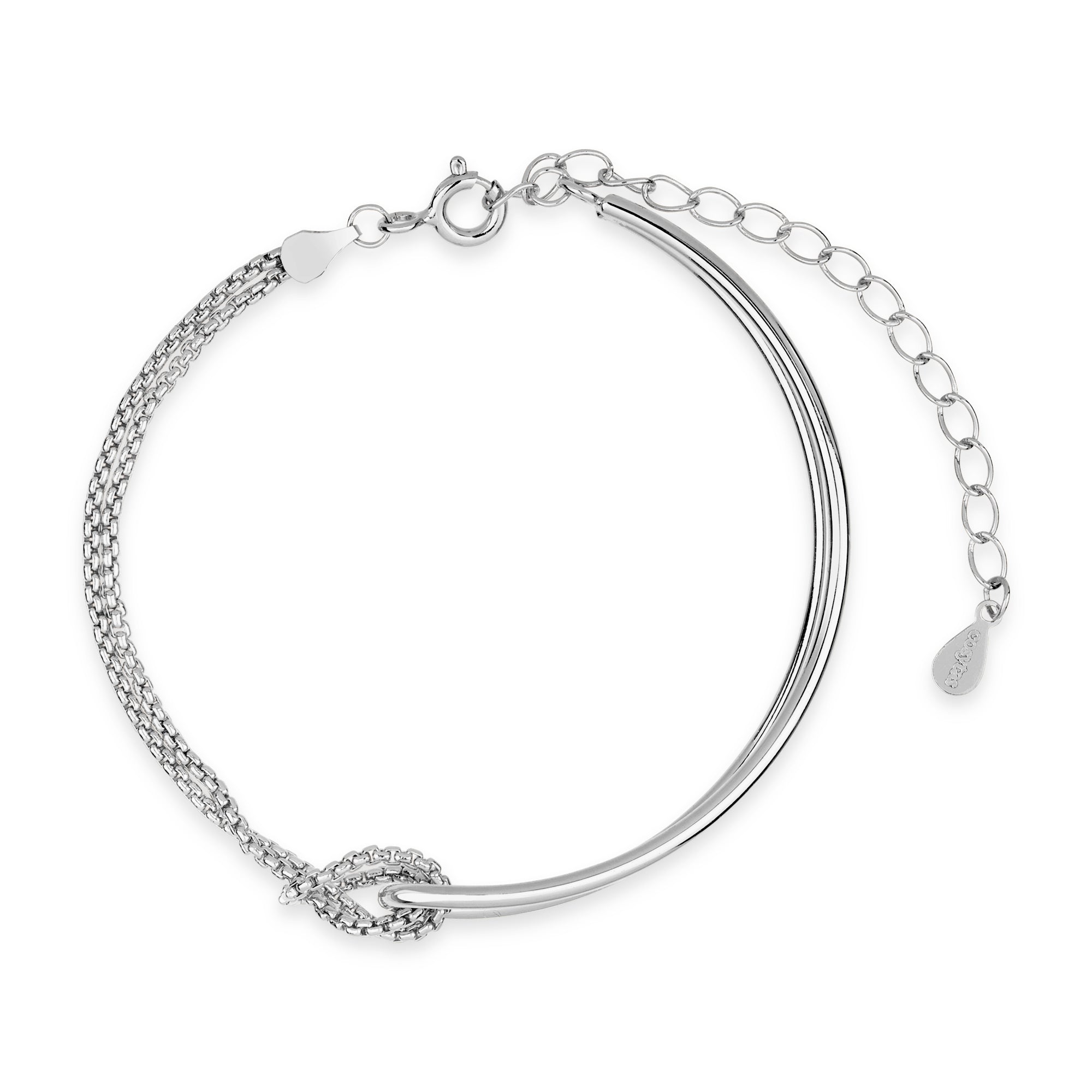 Vorderansicht des Cosytas Silver Harmony Armbands mit elegantem Design aus zwei Bändern und einem filigranen geknoteten Kettendetail, das Einheit und Raffinesse symbolisiert.