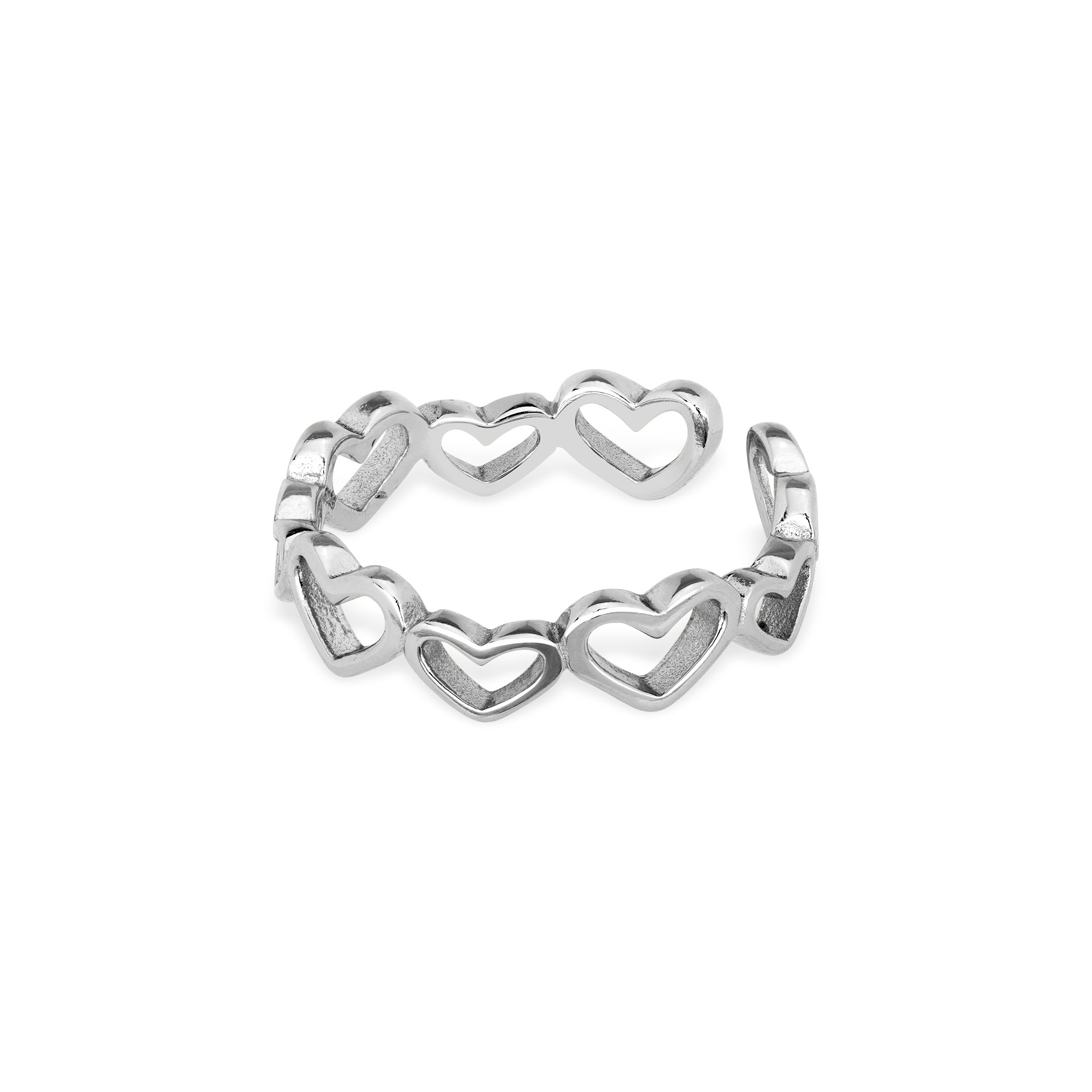 Seitenansicht des Silver Heartbeat Rings von Cosytas. Gefertigt aus 925er Sterling Silber mit einem filigranen Design aus offenen Herzen. Ideal, um Ihrer Schmuckkollektion eine zeitlose Eleganz hinzuzufügen.