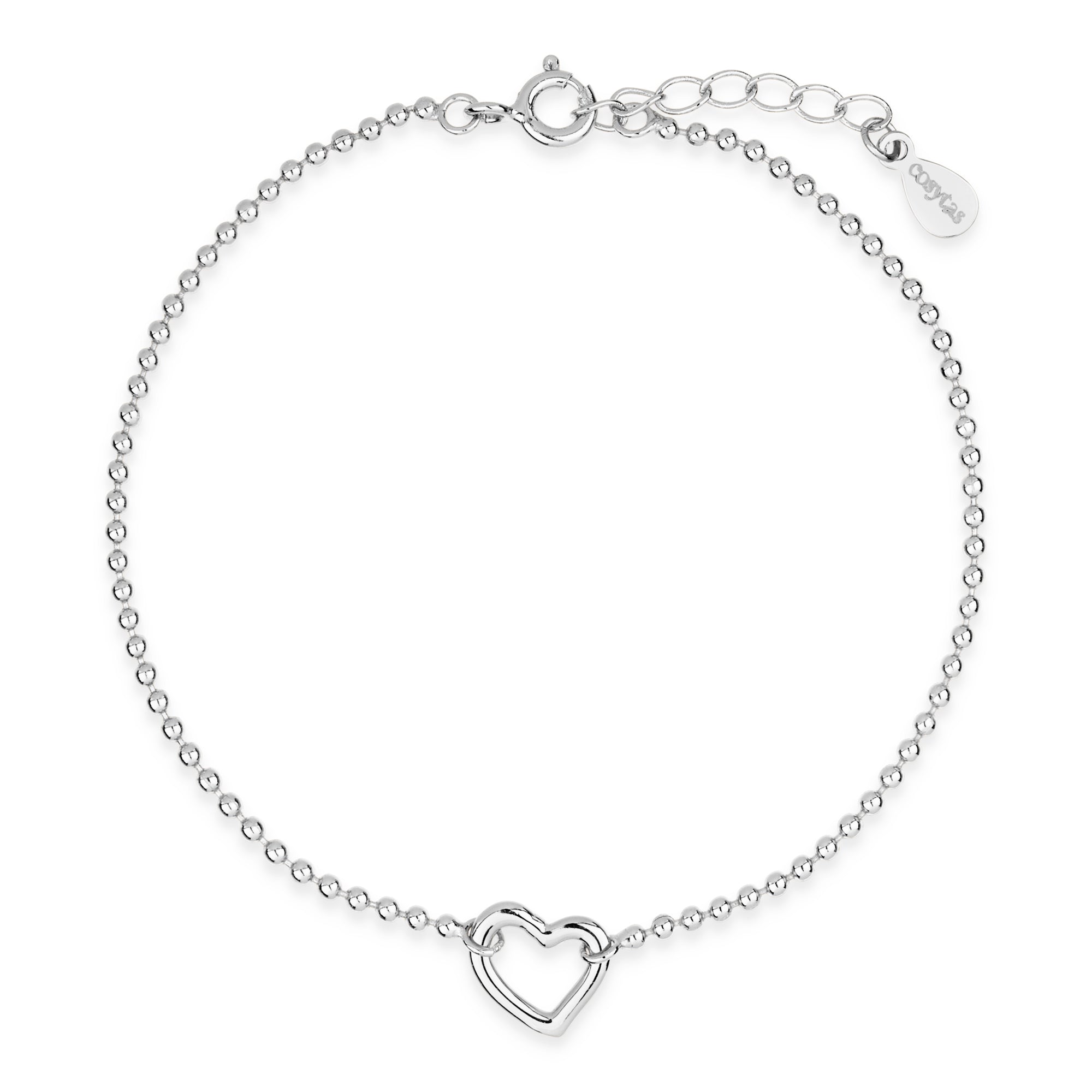 Frontansicht des Cosytas Silver Heartline Armbands aus 925er Sterling-Silber mit filigraner Kugelkette und offenem Herz-Anhaenger