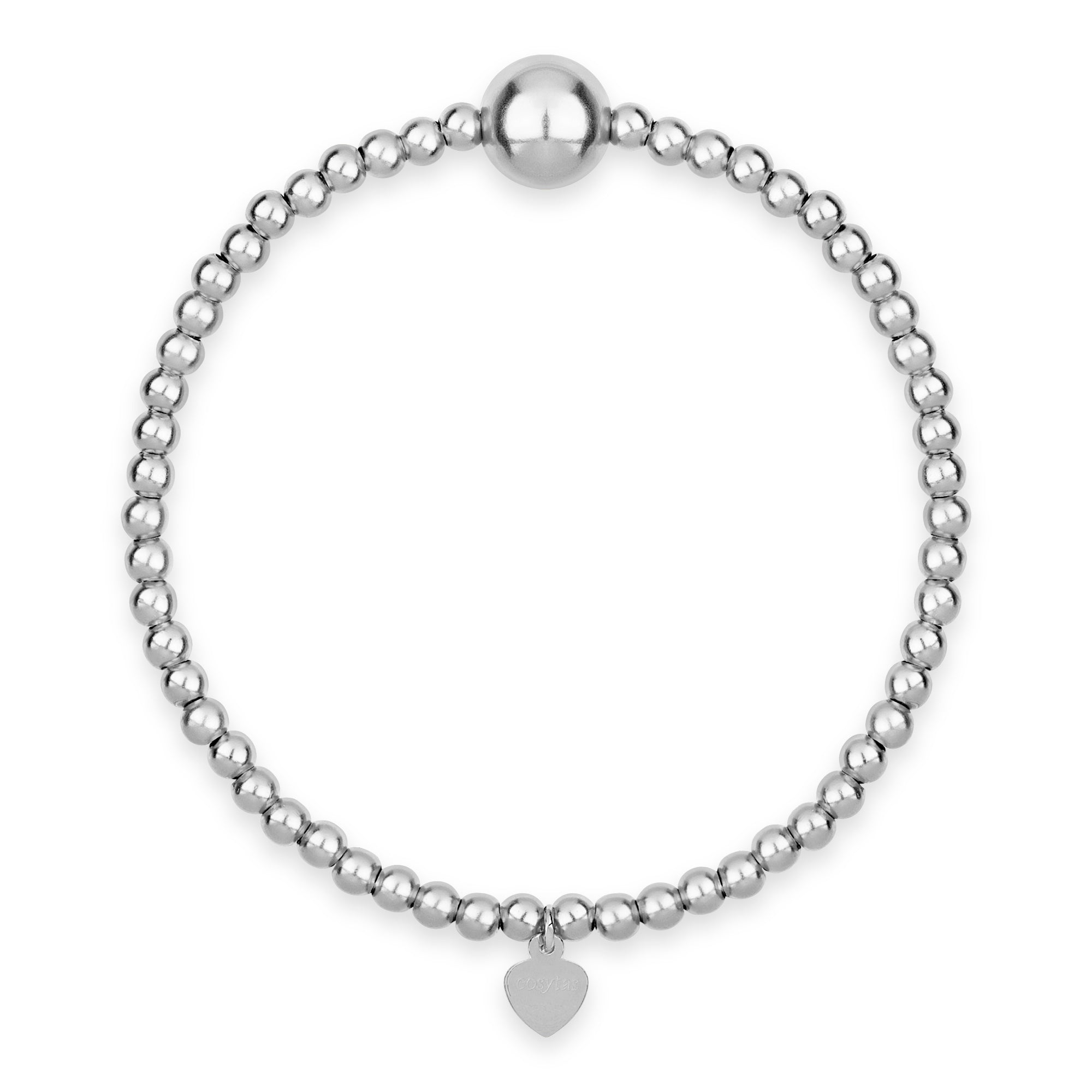 Das Silver Orbit Armband von Cosytas mit glänzenden Silberperlen und einem filigranen Herzanhänger, präsentiert vor weißem Hintergrund.