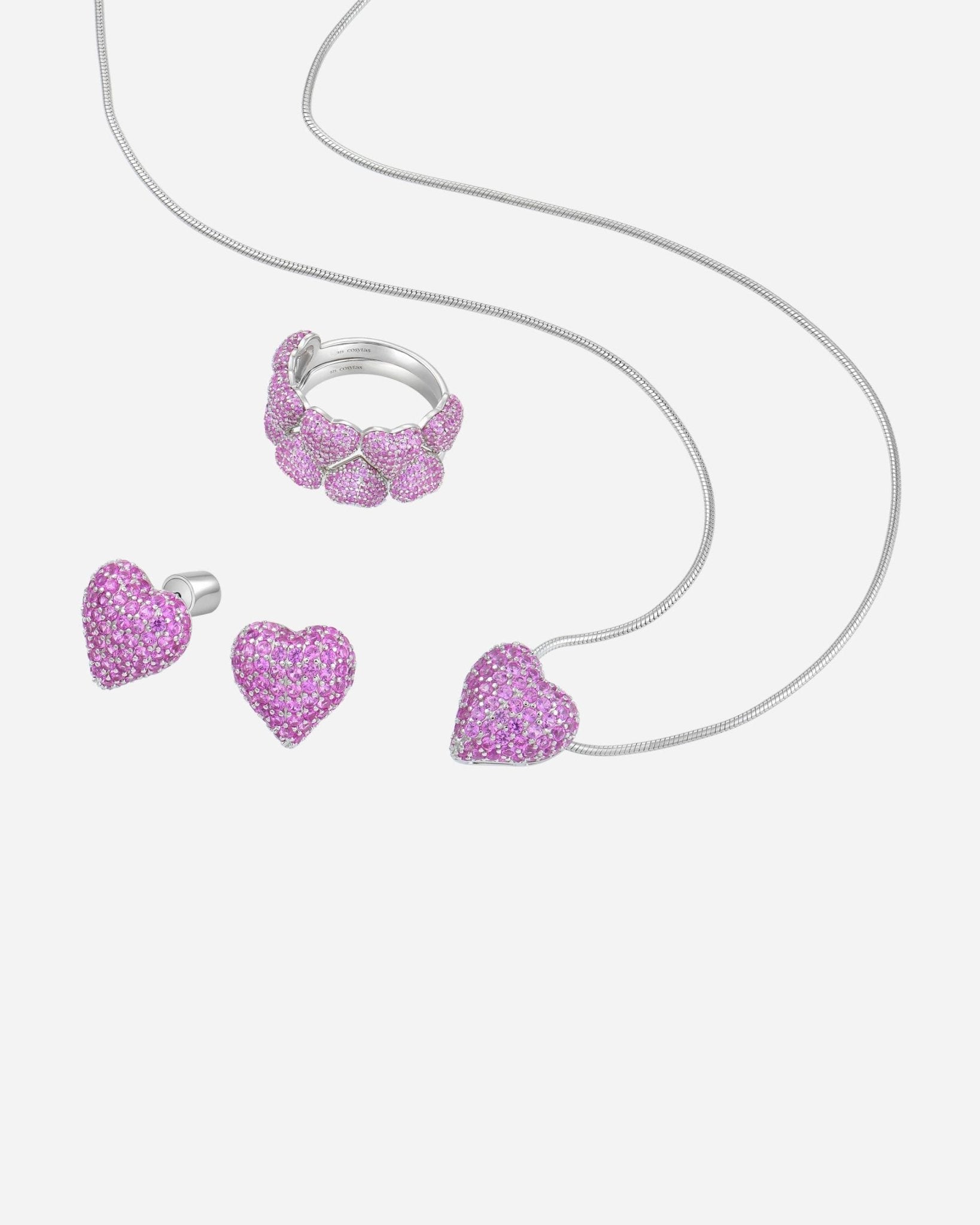 Cupida Pink Set aus 925 Sterling Silber mit rosa Zirkonia, Ring, Halskette und Ohrringe im Herzdesign