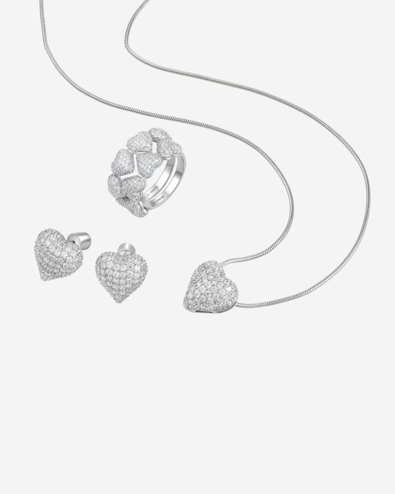 Cupida White Set aus 925 Sterling Silber, Ring, Halskette und Ohrringe mit weissen Zirkonia im Herzdesign