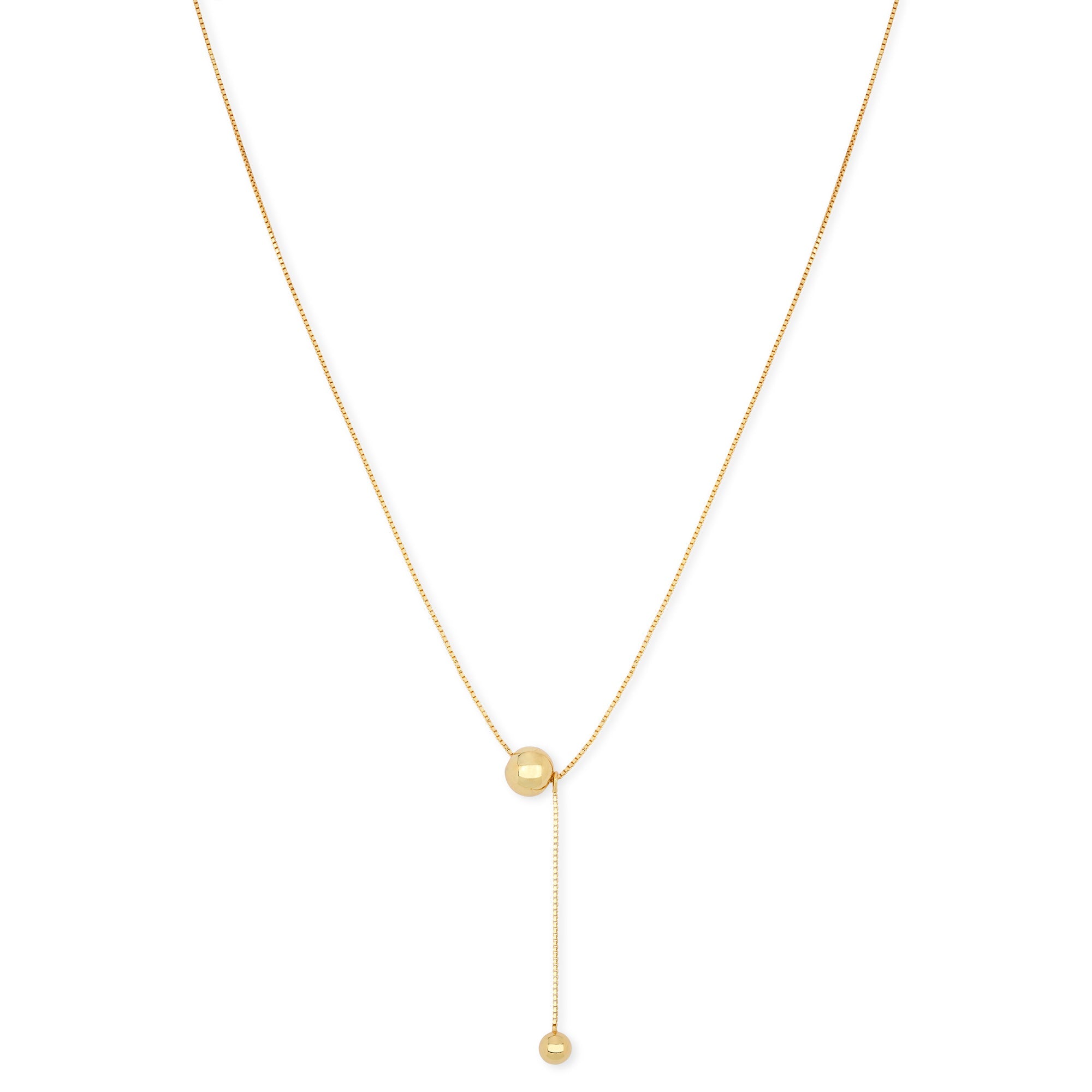 Vorderansicht der Golden Elegance Halskette von Cosytas mit zwei polierten, 18k vergoldeten Kugeln