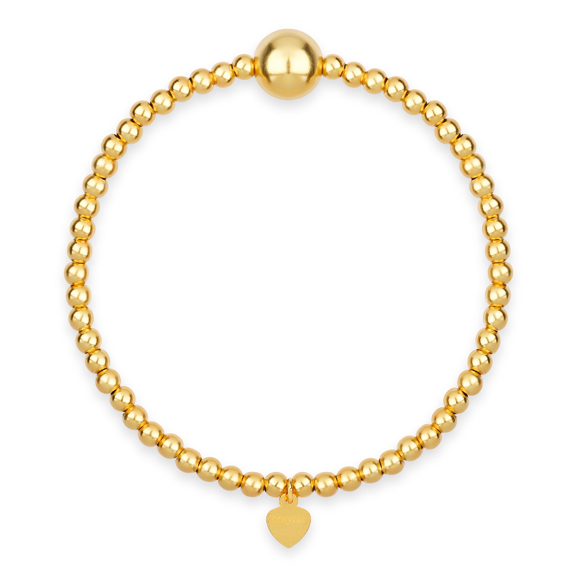 Das Golden Orbit Armband von Cosytas mit glänzenden, 18k vergoldeten Perlen und einem eleganten Herzanhänger