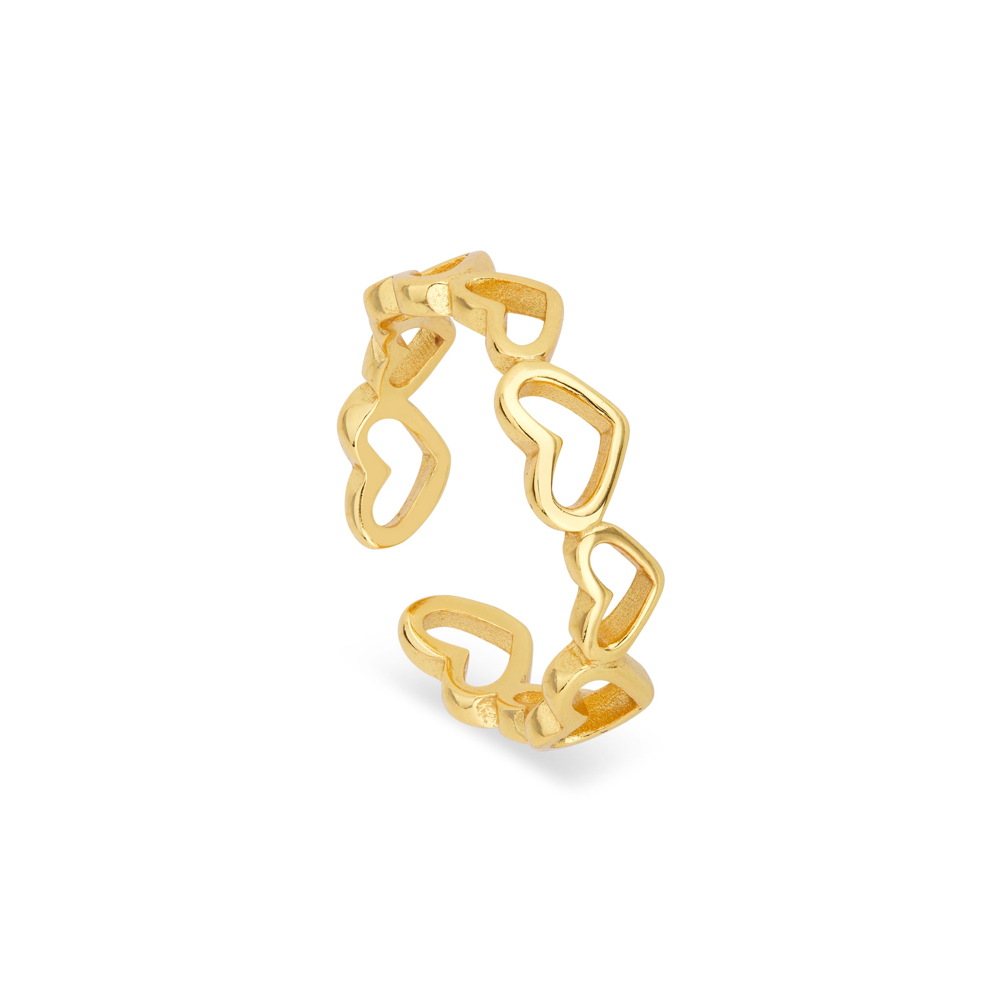 Vorderansicht des Heartbeat Gold Rings von Cosytas mit einem filigranen Design aus verbundenen goldenen Herzumrissen, das Liebe und Verbundenheit symbolisiert.