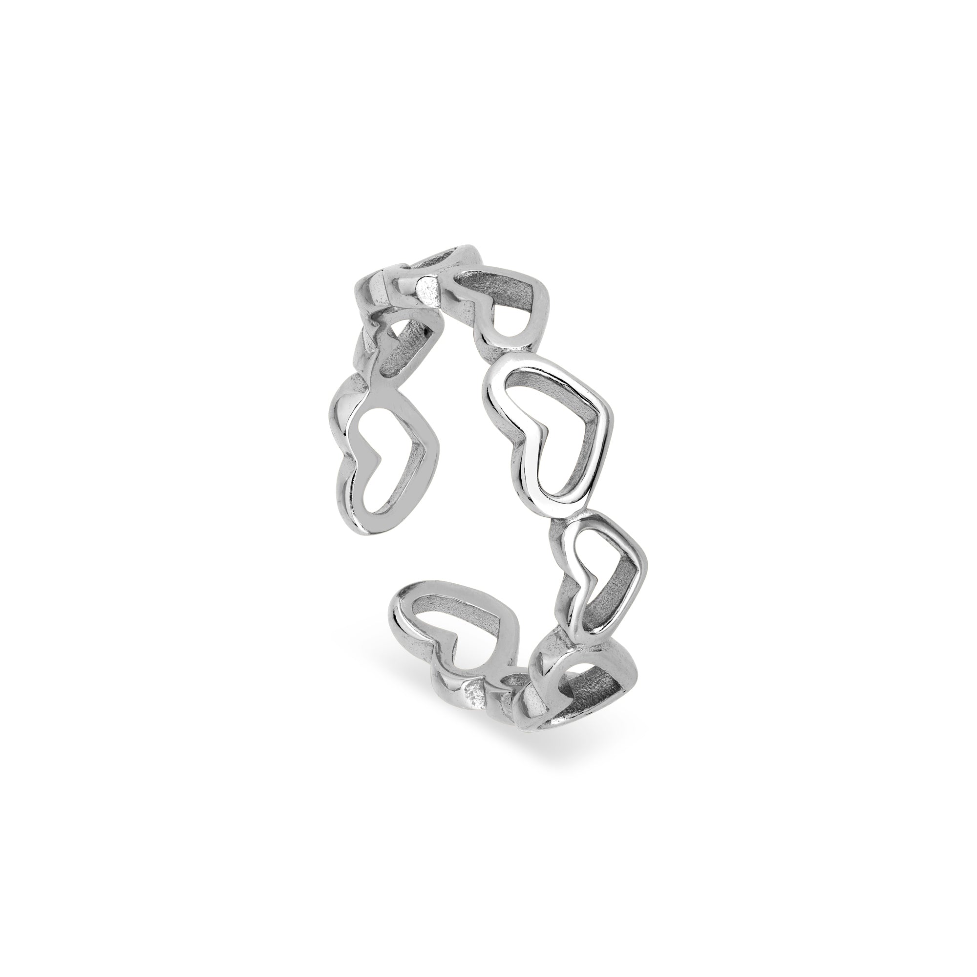 Vorderansicht des Heartbeat Silver Rings von Cosytas mit einem filigranen Design aus verbundenen silbernen Herzumrissen, das Liebe und Verbundenheit symbolisiert.