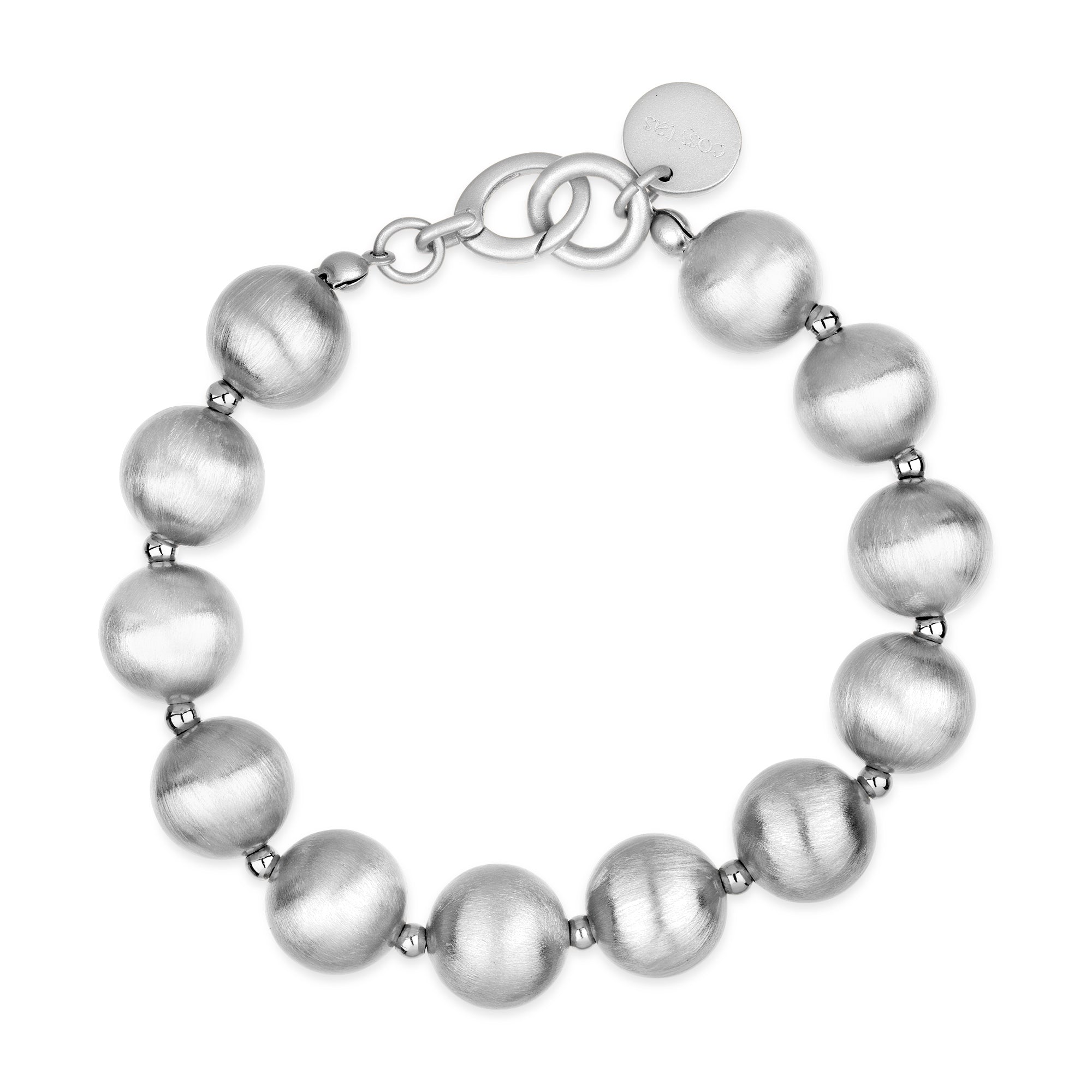 Vorderansicht des Lumina Silver Sphere Armbands mit satinierten Silberkugeln und einem eleganten Verschluss