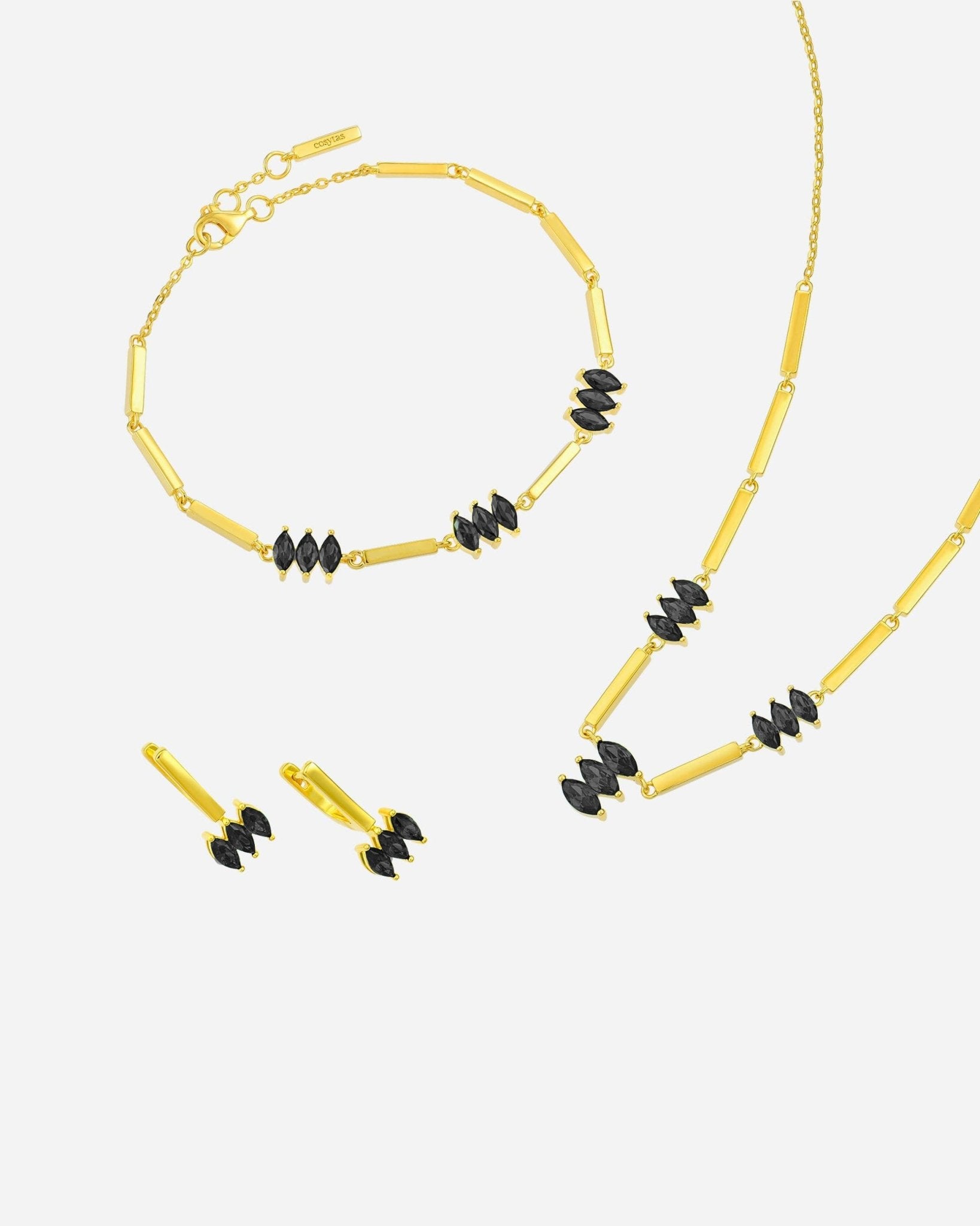Moira Black Set aus 925 Sterling Silber mit 18k Gold Vermeil, schwarze Zirkonia, harmonisches Ensemble