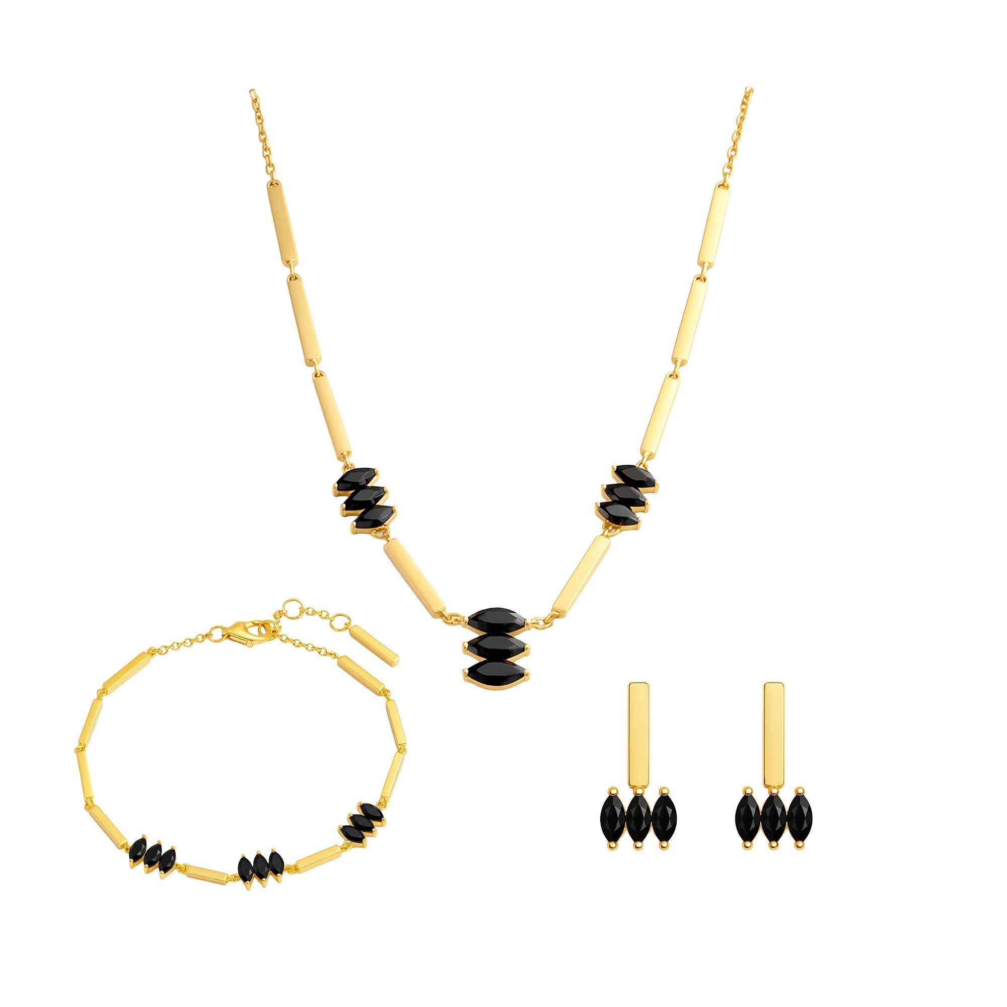 Das Produktfoto zeigt das Moira Black Set von Cosytas aus 18k Gold Vermeil auf 925 Silber mit schwarzen Akzenten.