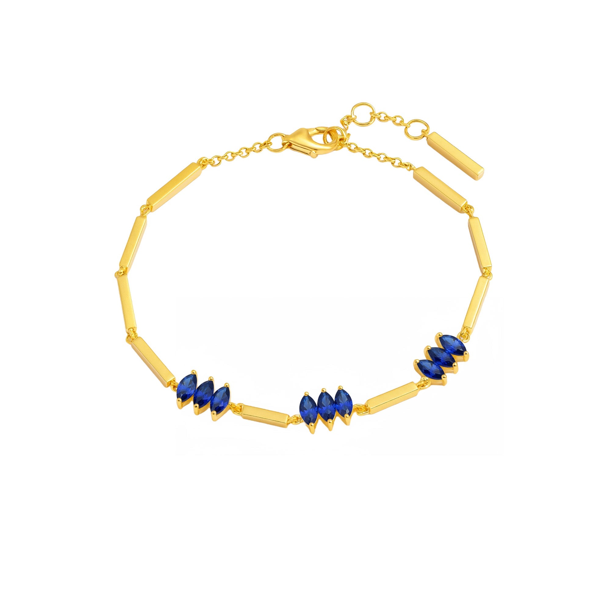 Das Produktfoto zeigt das Moira Blue Armband von Cosytas aus 18k Gold Vermeil auf 925 Silber mit blauen Akzenten.