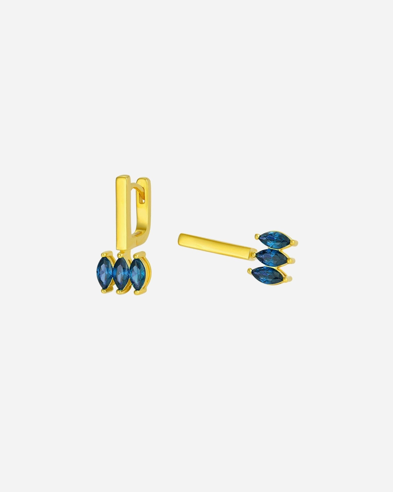 Detail der Moira Blue Ohrringe, 18k Gold Vermeil auf 925 Silber, präzise gefasste Zirkonia