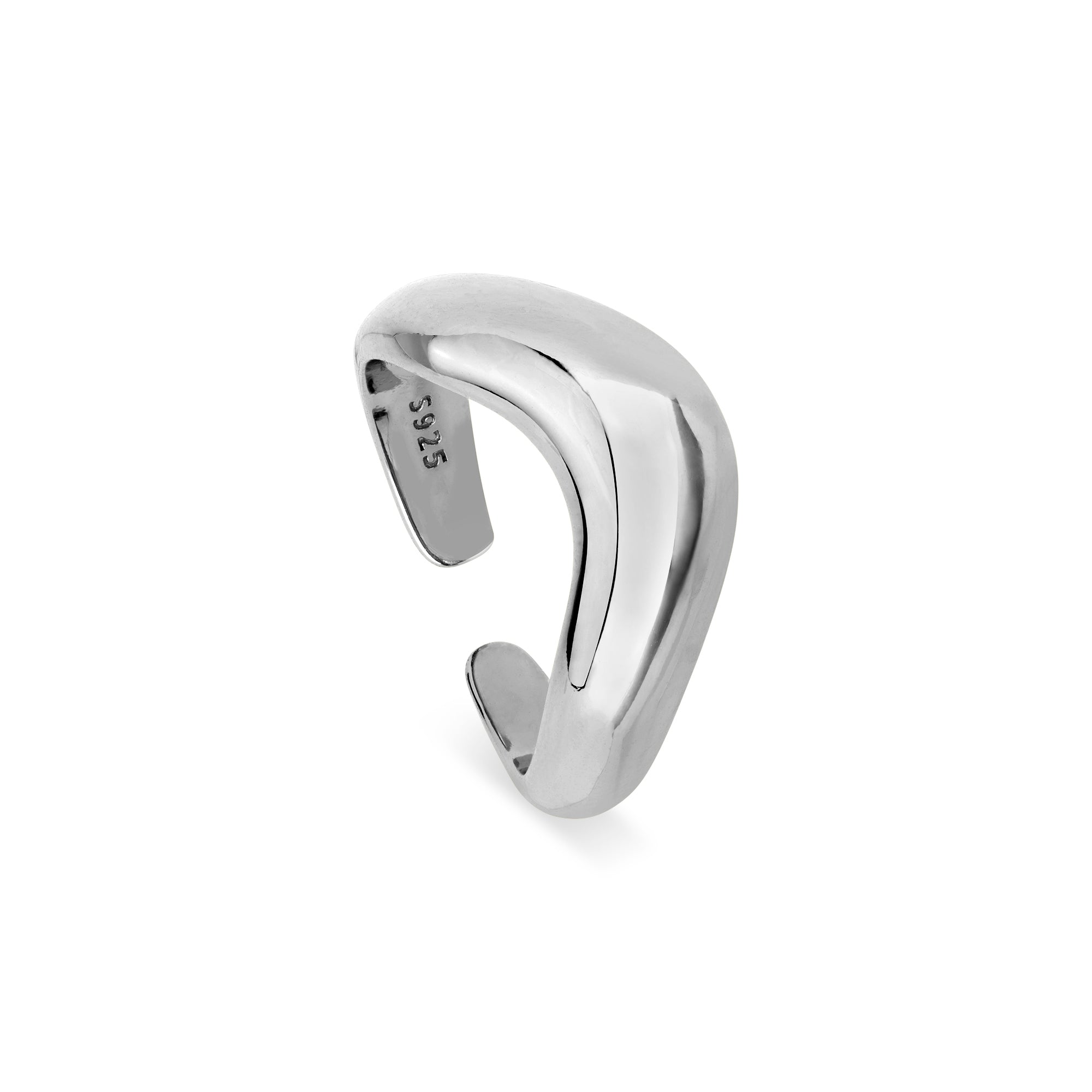 Frontansicht des Cosytas Silver Wave Rings aus 925er Sterling-Silber mit asymmetrischem, offenem Wellen-Design